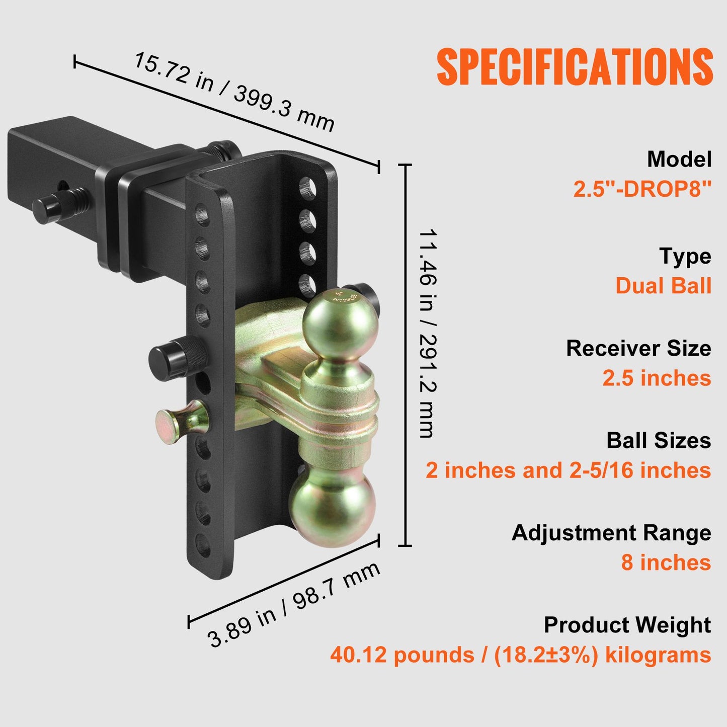 Adjustable Trailer Hitch, 203.2 mm Drop & 165.1 mm Rise Hitch Ball Mount with 63.5 mm Receiver, Solid Tube, 6577 kg GTW, 50.8 mm & 58.7 mm 45# Steel Tow Balls with Key Lock for Truck Towing - Image 7