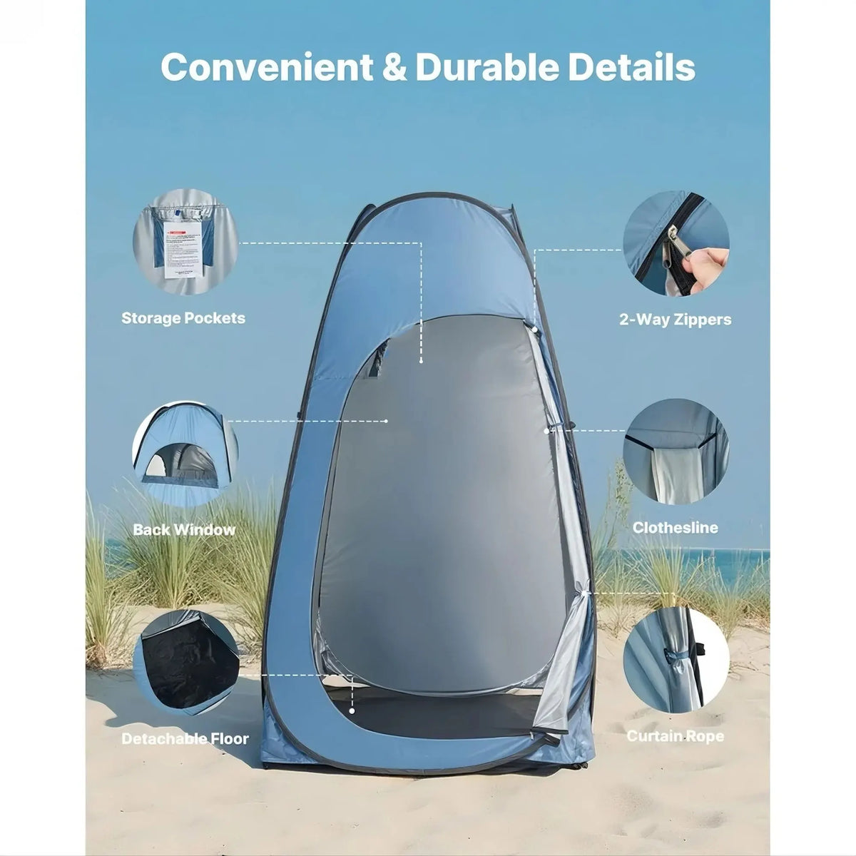 Pop up Shower Tent, Instant Portable Privacy Tent Changing Room with Hanging Bag, Ground Stakes, Ropes, Carry Bag, 190T Polyester with Silver Coating, Quick Setup, for Camping, Beach, Fishing - Image 5