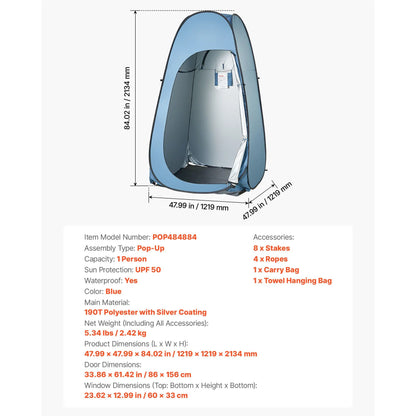 Pop up Shower Tent, Instant Portable Privacy Tent Changing Room with Hanging Bag, Ground Stakes, Ropes, Carry Bag, 190T Polyester with Silver Coating, Quick Setup, for Camping, Beach, Fishing - Image 7
