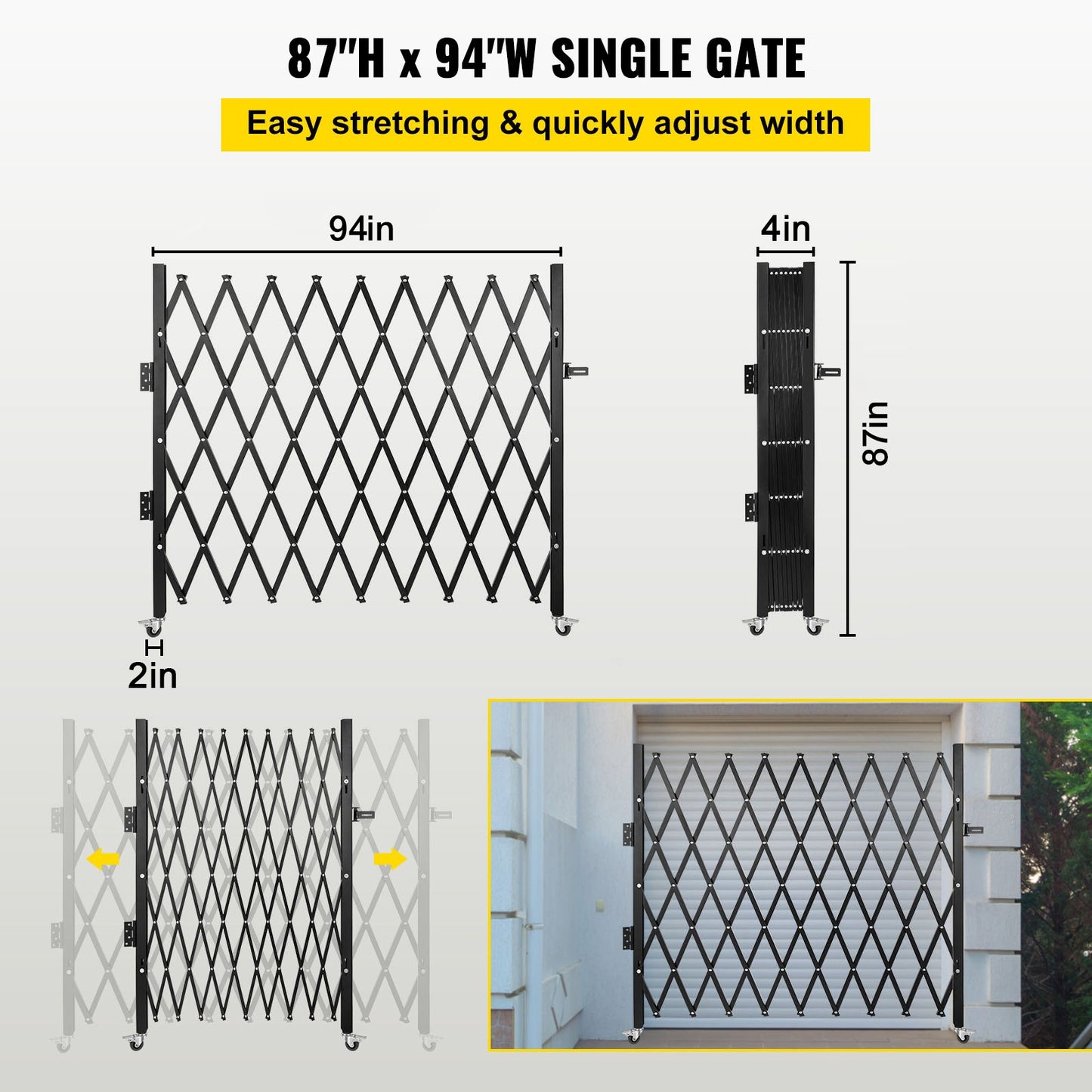 VEVOR Single Folding Security Gate, 85" H x 95" W Folding Door Gate, Steel Accordion Security Gate, Flexible Expanding Security Gate, Rolling Barricade Gate, Scissor Gate/Door with Padlock - Image 3