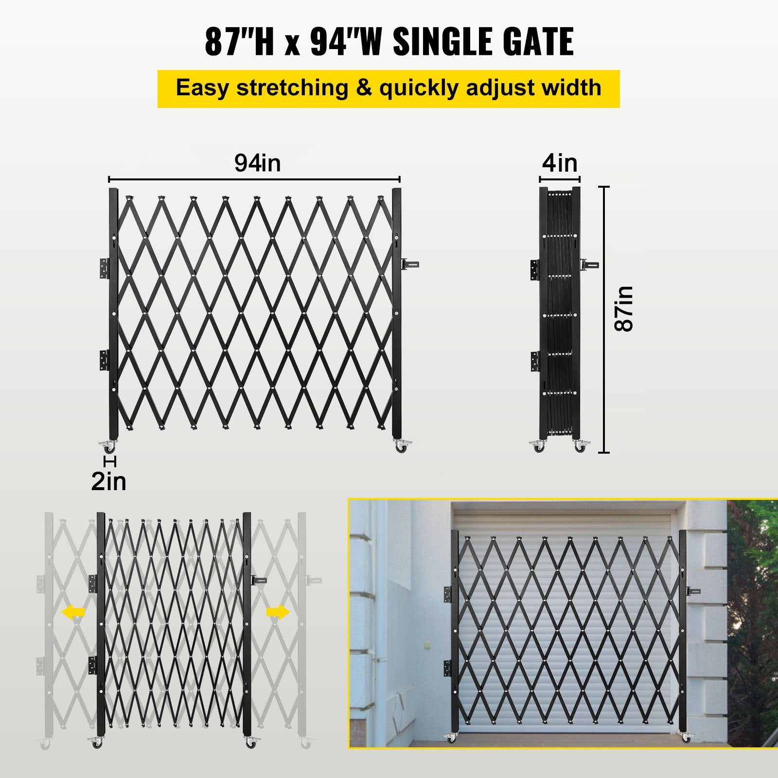 VEVOR Single Folding Security Gate, 85" H x 95" W Folding Door Gate, Steel Accordion Security Gate, Flexible Expanding Security Gate, Rolling Barricade Gate, Scissor Gate/Door with Padlock - Image 3