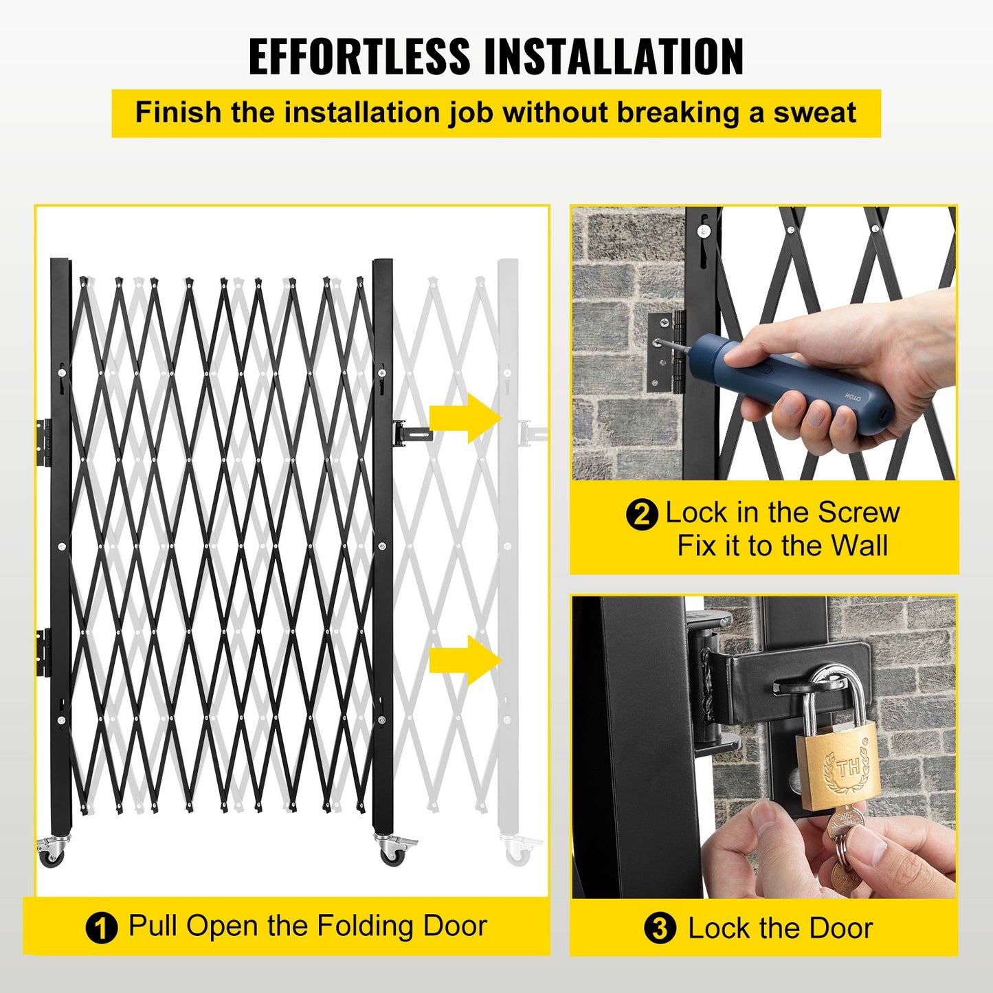 VEVOR Single Folding Security Gate, 85" H x 95" W Folding Door Gate, Steel Accordion Security Gate, Flexible Expanding Security Gate, Rolling Barricade Gate, Scissor Gate/Door with Padlock - Image 6