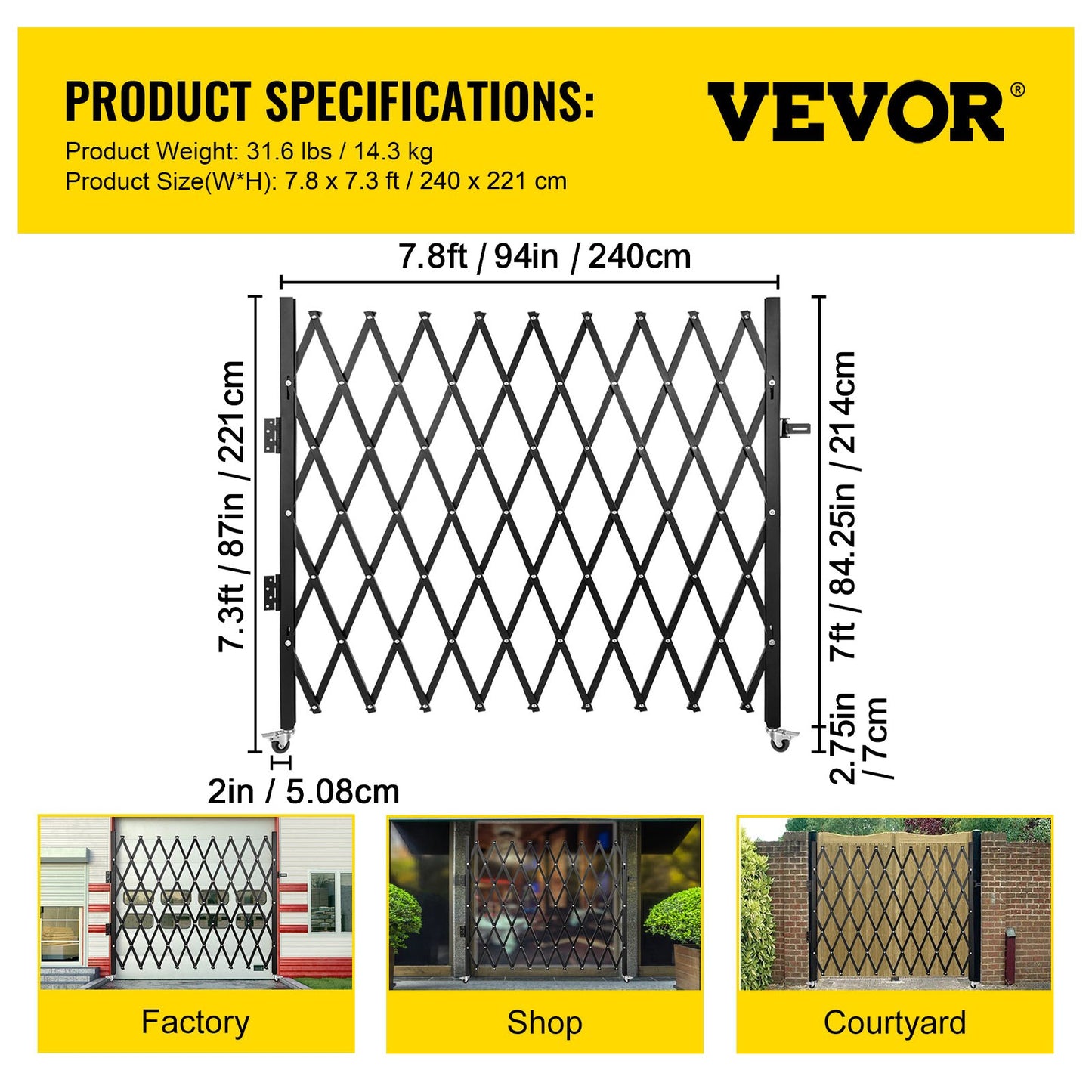VEVOR Single Folding Security Gate, 85" H x 95" W Folding Door Gate, Steel Accordion Security Gate, Flexible Expanding Security Gate, Rolling Barricade Gate, Scissor Gate/Door with Padlock - Image 7