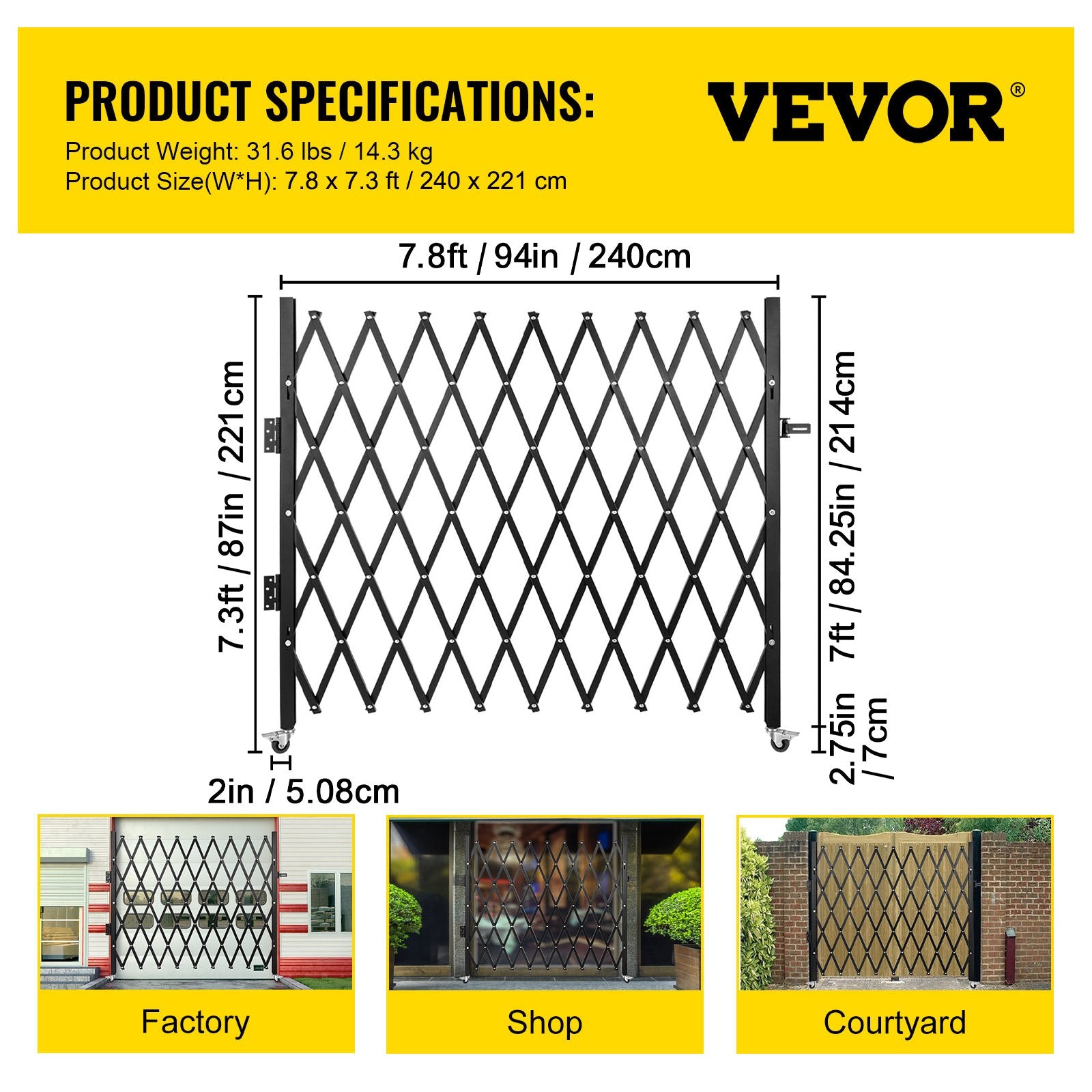 VEVOR Single Folding Security Gate, 85" H x 95" W Folding Door Gate, Steel Accordion Security Gate, Flexible Expanding Security Gate, Rolling Barricade Gate, Scissor Gate/Door with Padlock - Image 7