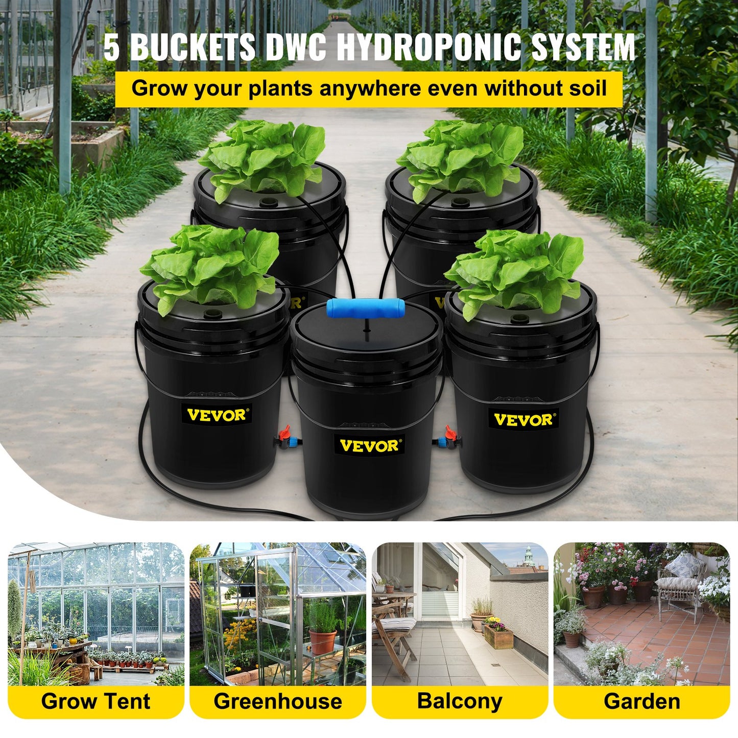DWC Hydroponic System, 5 Gallon 5 Buckets, Deep Water Culture Growing Bucket, Hydroponics Grow Kit with Pump, Air Stone and Connected Reservoir, for Indoor/Outdoor Leafy Vegetables - Image 2