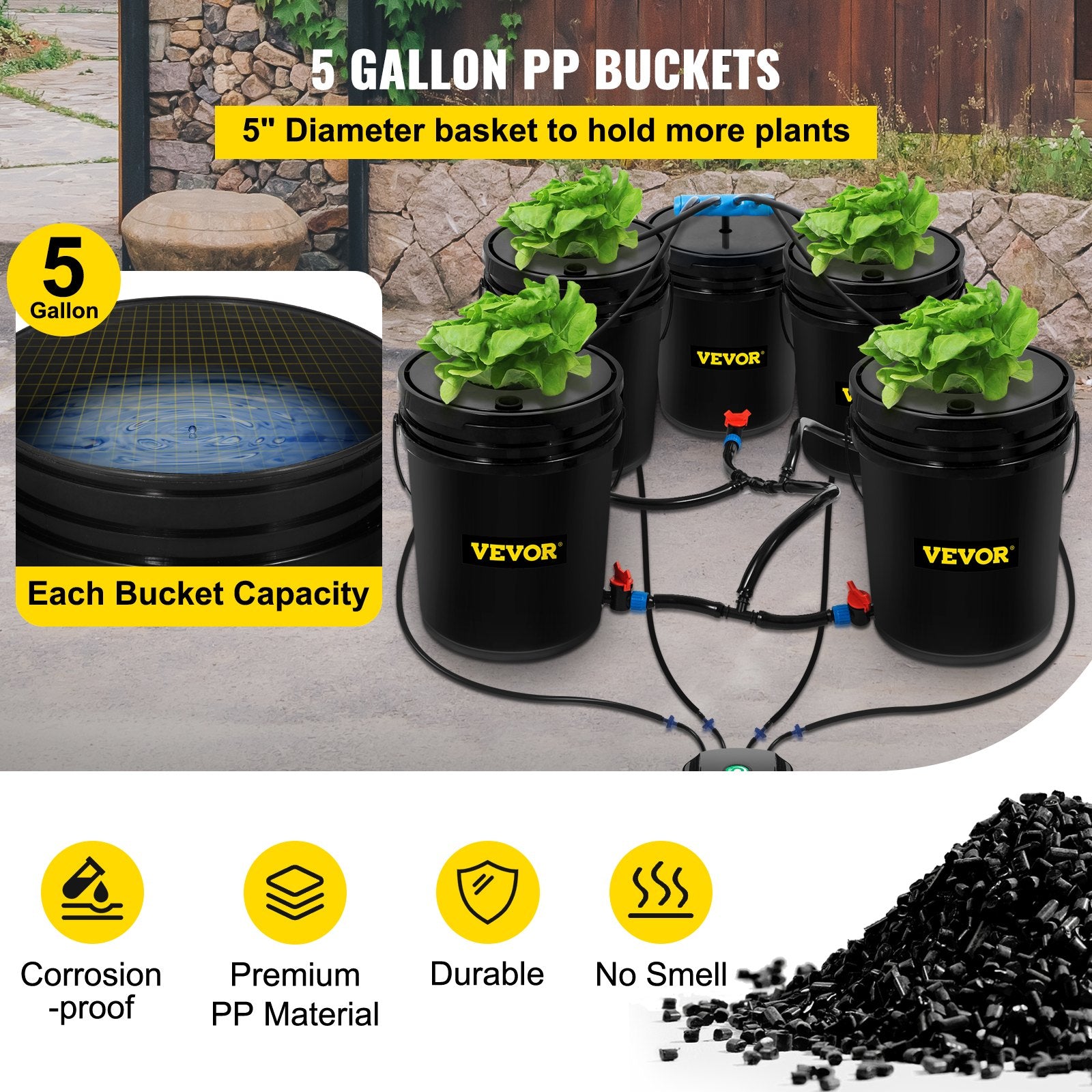 DWC Hydroponic System, 5 Gallon 5 Buckets, Deep Water Culture Growing Bucket, Hydroponics Grow Kit with Pump, Air Stone and Connected Reservoir, for Indoor/Outdoor Leafy Vegetables - Image 3