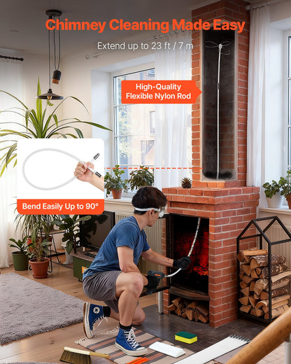 Chimney Sweep Kit, 7m Maximum Extendable Length Chimney Brush, Chimney Cleaner Sweeper with Dual Brush Heads, Brush & Goggles, Fireplace Cleaning Tool for Square, Rectangle, Arch Chimneys - Image 3