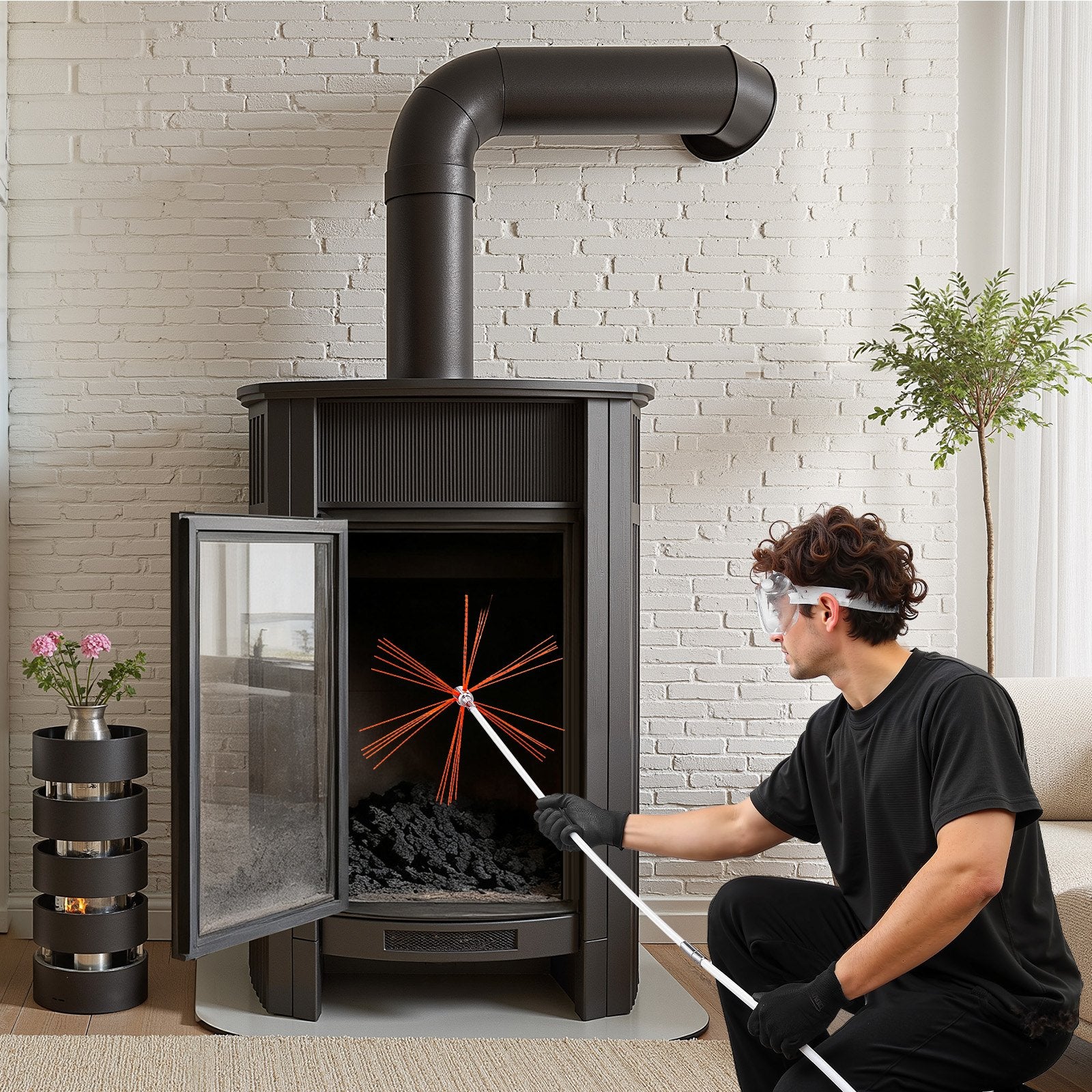 Chimney Sweep Kit, 7m Maximum Extendable Length Chimney Brush, Chimney Cleaner Sweeper with Dual Brush Heads, Brush & Goggles, Fireplace Cleaning Tool for Square, Rectangle, Arch Chimneys - Image 8