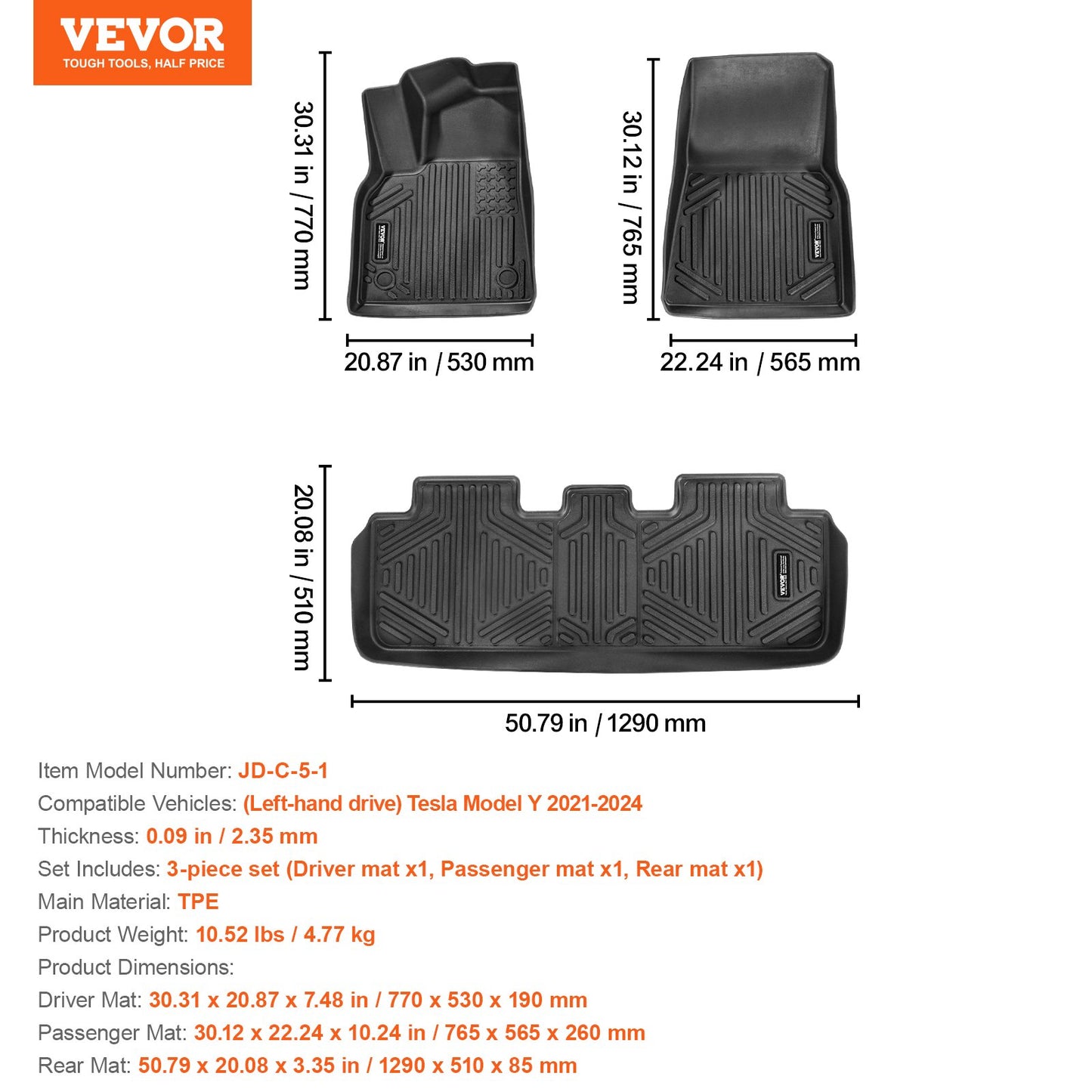 Automotive Floor Mats Fits for Tesla Model Y 2021-2024 3 pcs TPE Liners - Image 7
