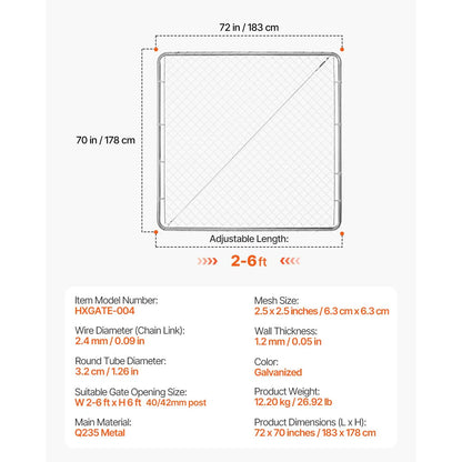 Chain Link Fence Gate, 70 x 72 in, Adjustable Chain Link Fence Panel, Fit 3 ft (W) x 4 ft (H) Garden Fence Gate Opening, Rust-Resistant Galvanized Fencing Gate for Farm Posts Not Included - Image 7