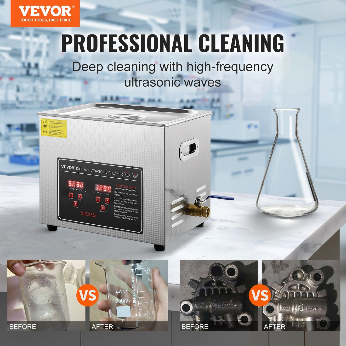Ultrasonic Cleaner with Digital Timer & Heater, Professional Ultra Sonic Jewelry Cleaner, Stainless Steel Heated Cleaning Machine for Glasses Watch Rings Small Parts Circuit Board (10L) - Image 2