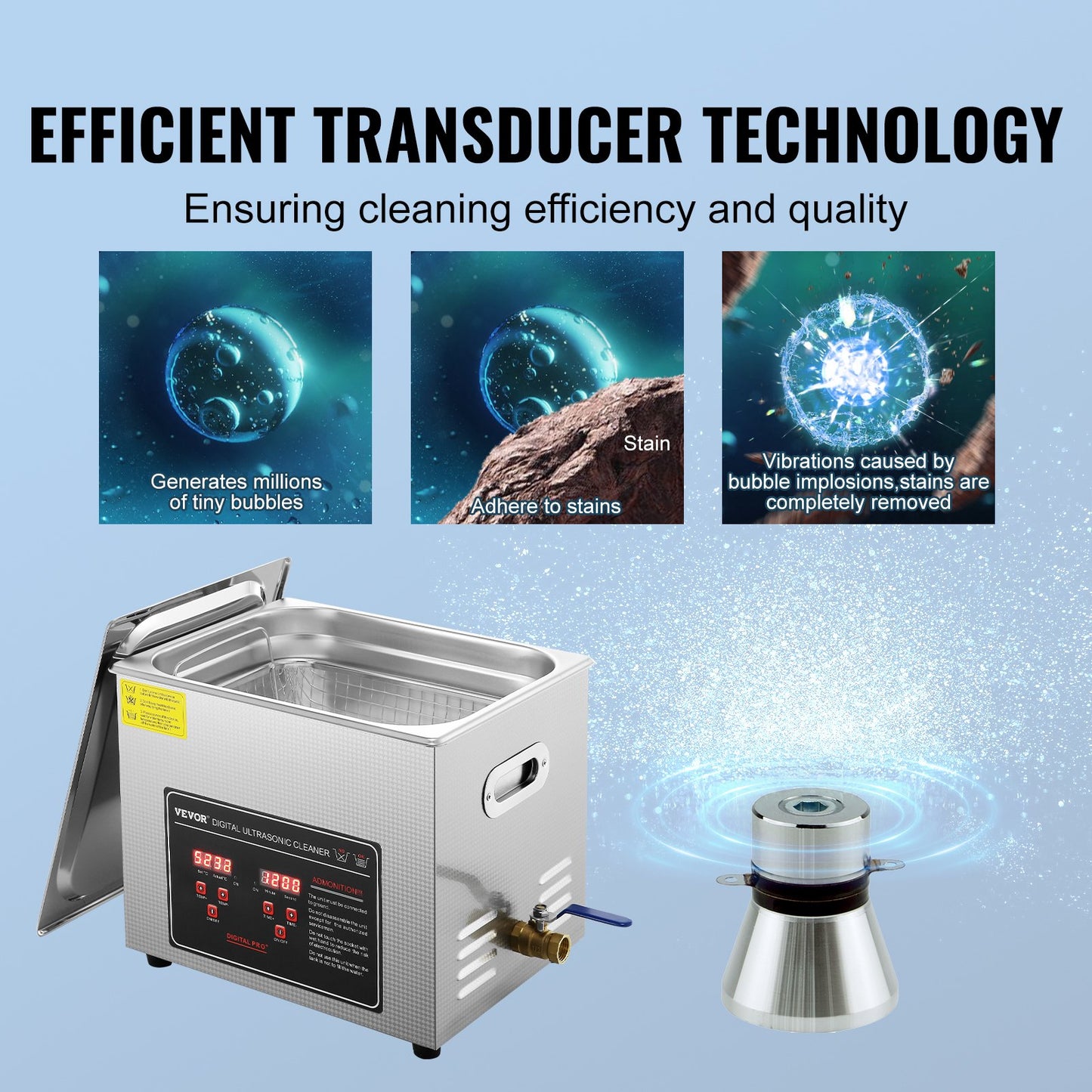 Ultrasonic Cleaner with Digital Timer & Heater, Professional Ultra Sonic Jewelry Cleaner, Stainless Steel Heated Cleaning Machine for Glasses Watch Rings Small Parts Circuit Board (10L) - Image 3