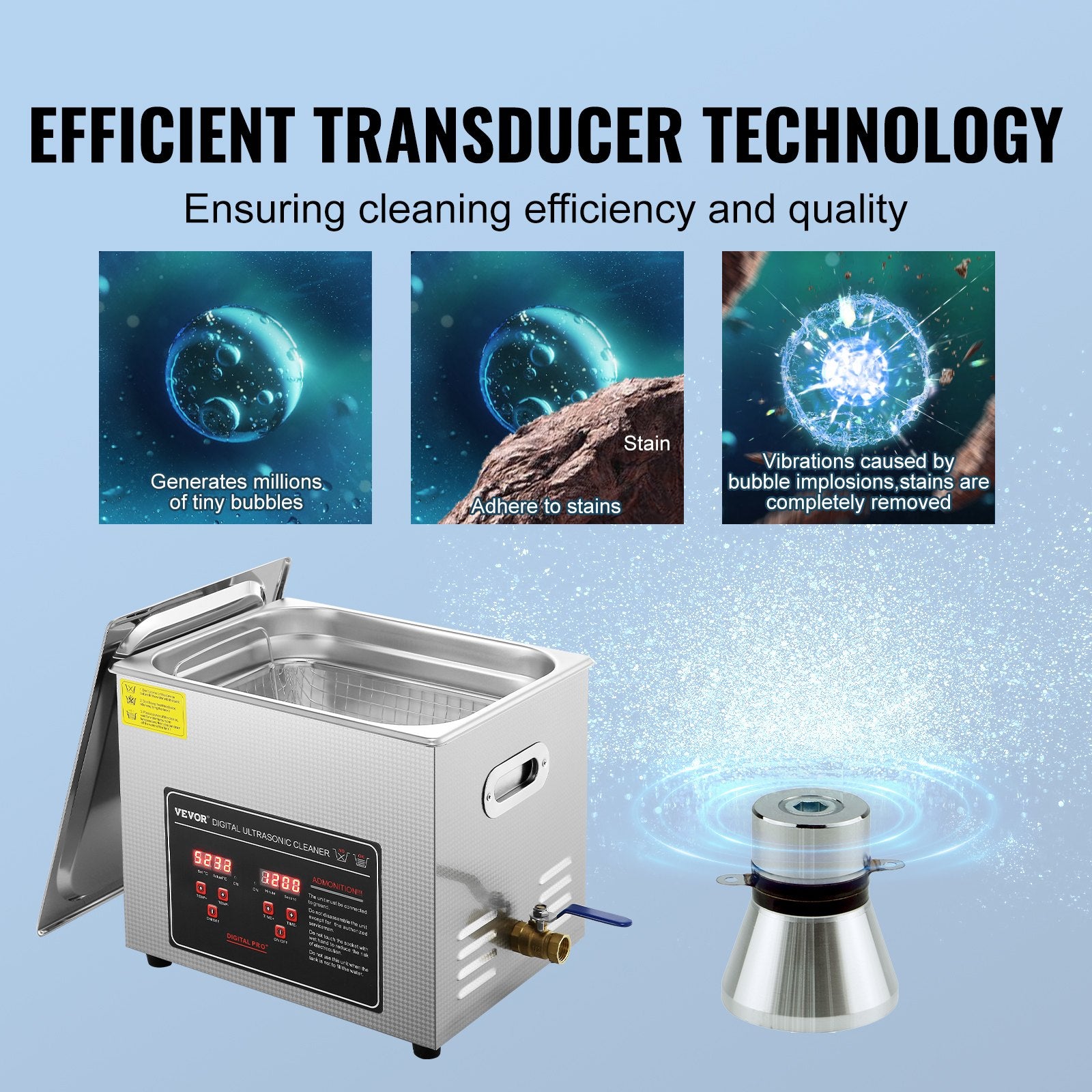 Ultrasonic Cleaner with Digital Timer & Heater, Professional Ultra Sonic Jewelry Cleaner, Stainless Steel Heated Cleaning Machine for Glasses Watch Rings Small Parts Circuit Board (10L) - Image 3