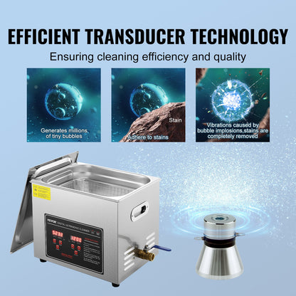 Ultrasonic Cleaner with Digital Timer & Heater, Professional Ultra Sonic Jewelry Cleaner, Stainless Steel Heated Cleaning Machine for Glasses Watch Rings Small Parts Circuit Board (10L) - Image 3
