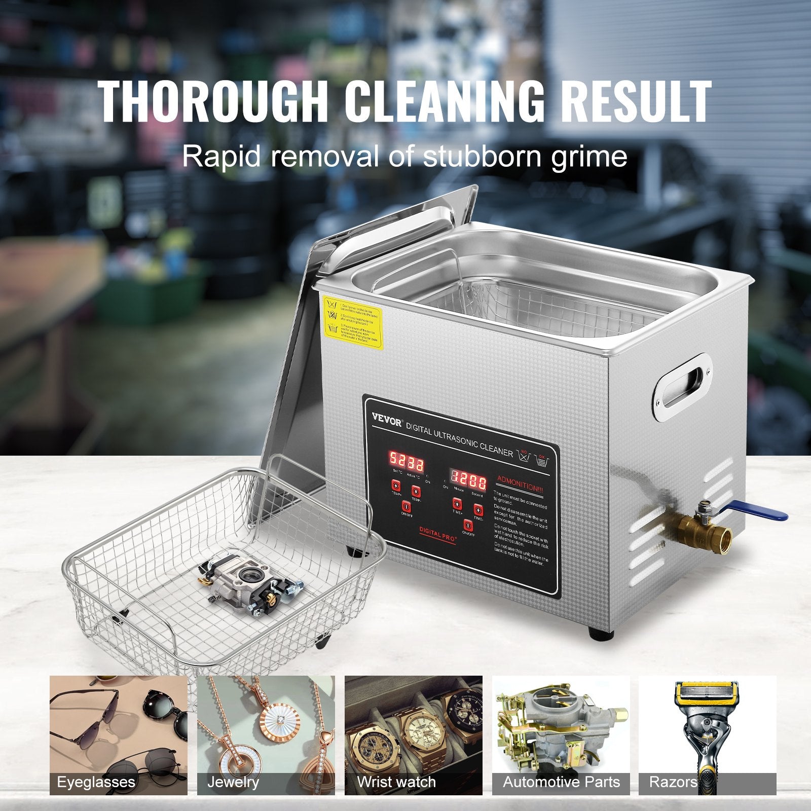 Ultrasonic Cleaner with Digital Timer & Heater, Professional Ultra Sonic Jewelry Cleaner, Stainless Steel Heated Cleaning Machine for Glasses Watch Rings Small Parts Circuit Board (10L) - Image 5