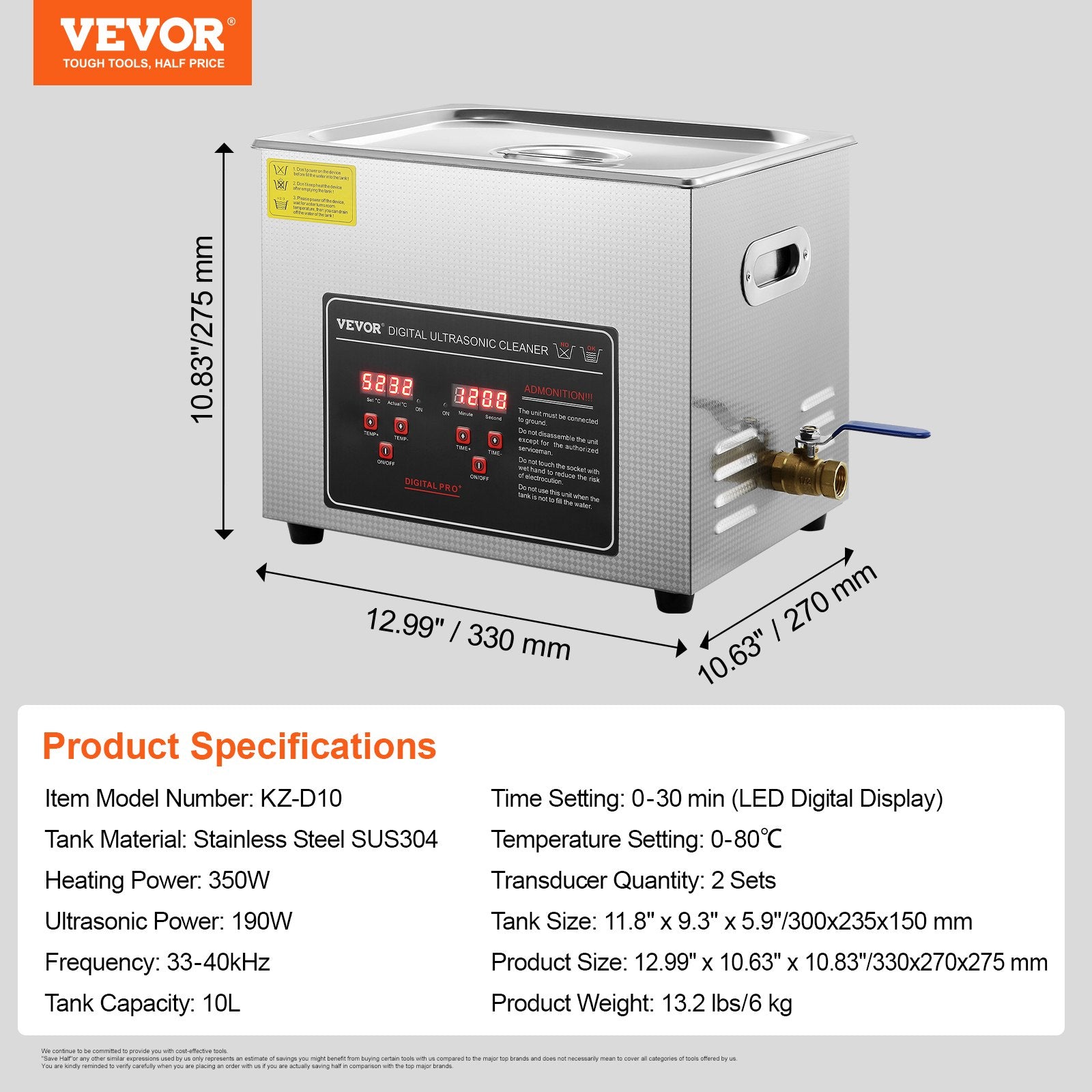 Ultrasonic Cleaner with Digital Timer & Heater, Professional Ultra Sonic Jewelry Cleaner, Stainless Steel Heated Cleaning Machine for Glasses Watch Rings Small Parts Circuit Board (10L) - Image 7