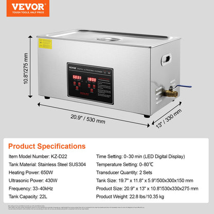 22L Ultrasonic Cleaner with Timer Heating Machine Digital Sonic Cleaner - Image 7