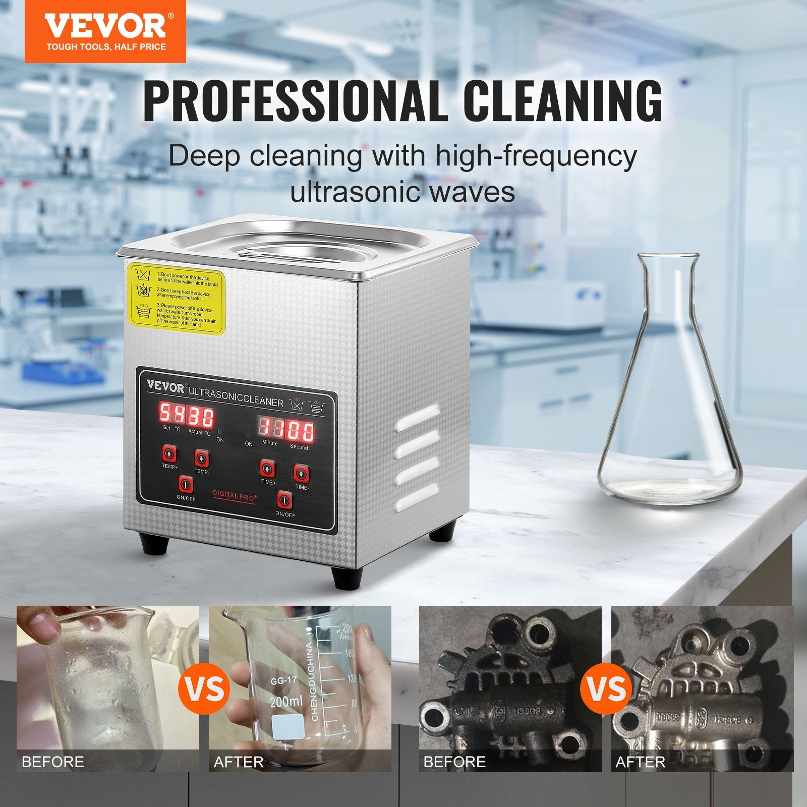 Ultrasonic Cleaner with Digital Timer & Heater, Professional Ultra Sonic Jewelry Cleaner, Stainless Steel Heated Cleaning Machine for Glasses Watch Rings Small Parts Circuit Board (2L) - Image 2