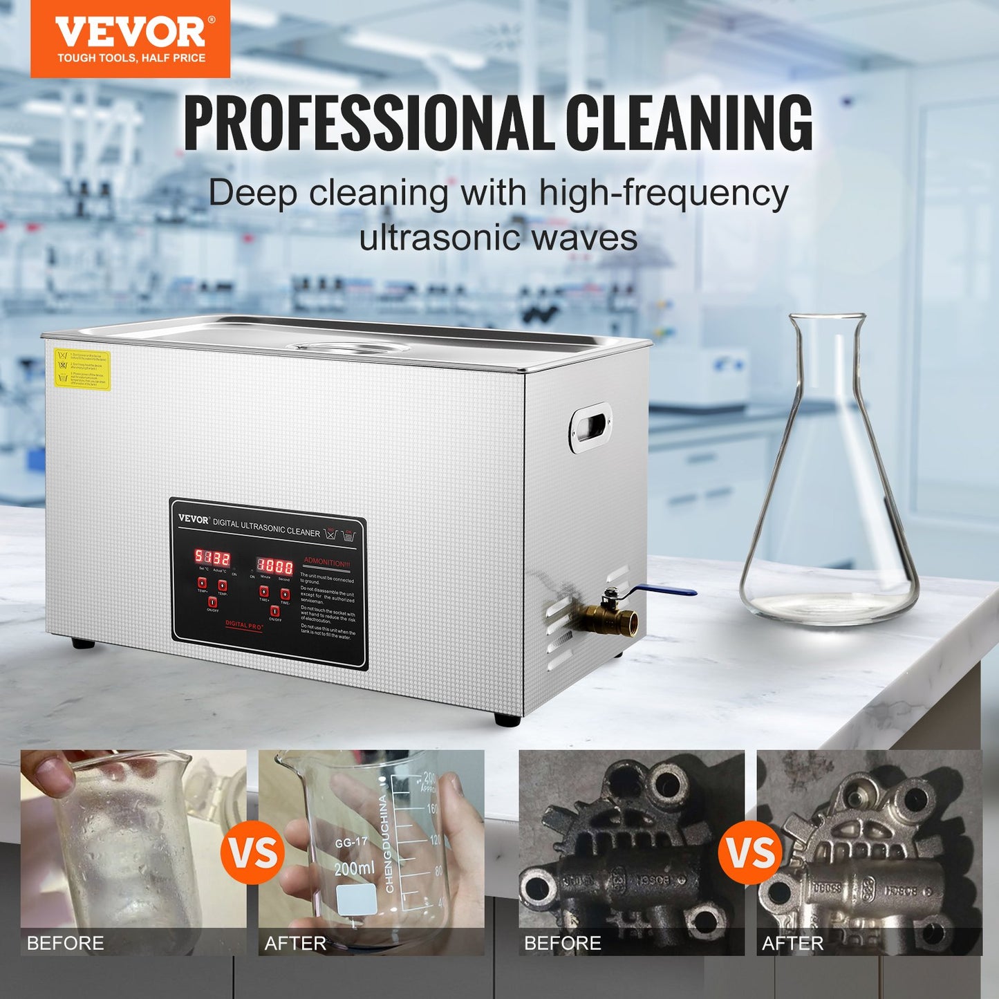 Ultrasonic Cleaner with Digital Timer & Heater, Professional Ultra Sonic Jewelry Cleaner, Stainless Steel Heated Cleaning Machine for Glasses Watch Rings Small Parts Circuit Board (30L) - Image 2