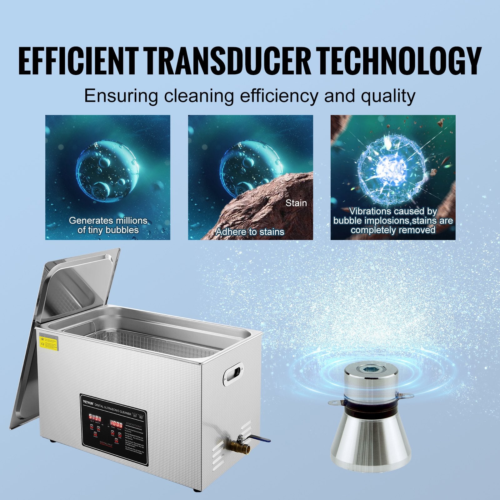 Ultrasonic Cleaner with Digital Timer & Heater, Professional Ultra Sonic Jewelry Cleaner, Stainless Steel Heated Cleaning Machine for Glasses Watch Rings Small Parts Circuit Board (30L) - Image 3