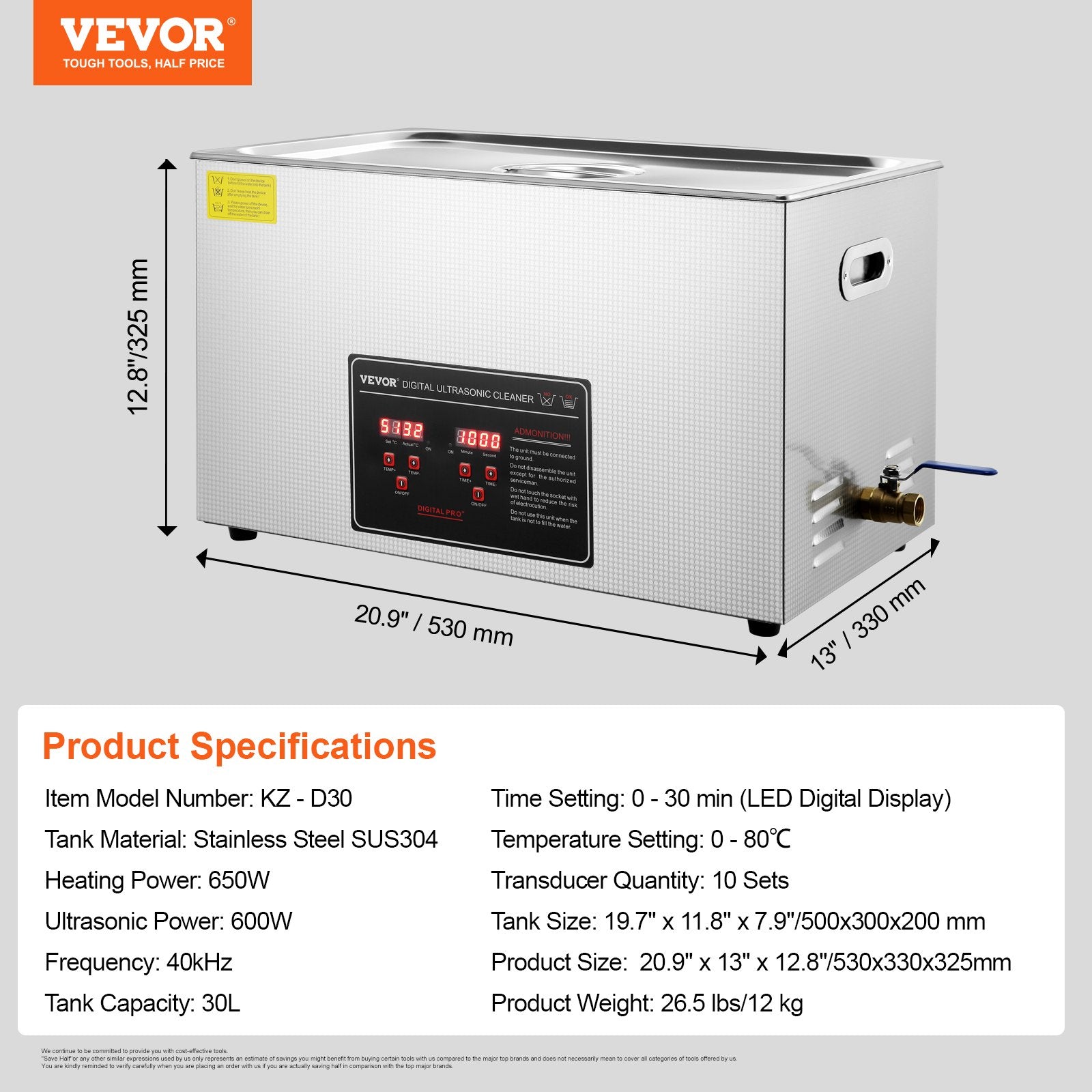 Ultrasonic Cleaner with Digital Timer & Heater, Professional Ultra Sonic Jewelry Cleaner, Stainless Steel Heated Cleaning Machine for Glasses Watch Rings Small Parts Circuit Board (30L) - Image 7