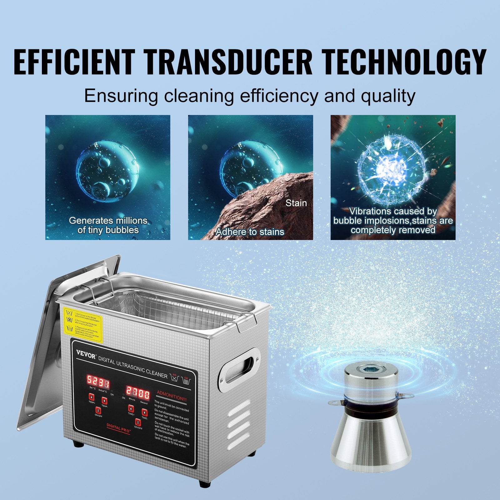 Ultrasonic Cleaner with Digital Timer & Heater, Professional Ultra Sonic Jewelry Cleaner, Stainless Steel Heated Cleaning Machine for Glasses Watch Rings Small Parts Circuit Board (3L) - Image 3