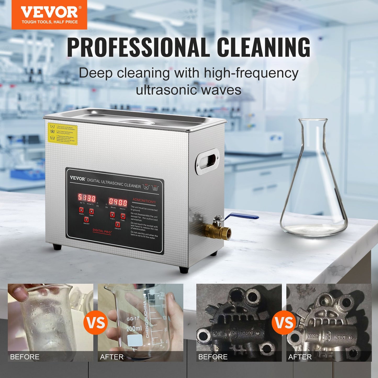 Ultrasonic Cleaner with Digital Timer & Heater, Professional Ultra Sonic Jewelry Cleaner, Stainless Steel Heated Cleaning Machine for Glasses Watch Rings Small Parts Circuit Board (6L) - Image 2