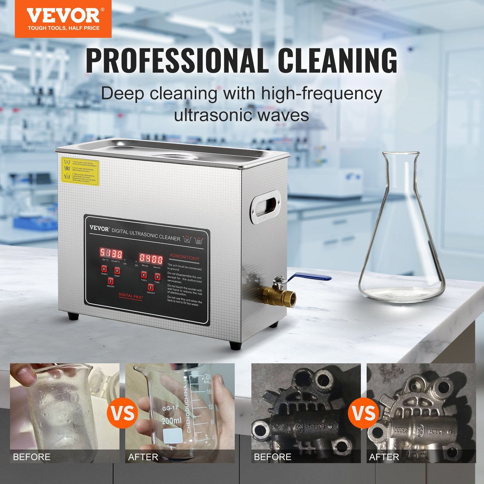Ultrasonic Cleaner with Digital Timer & Heater, Professional Ultra Sonic Jewelry Cleaner, Stainless Steel Heated Cleaning Machine for Glasses Watch Rings Small Parts Circuit Board (6L) - Image 2