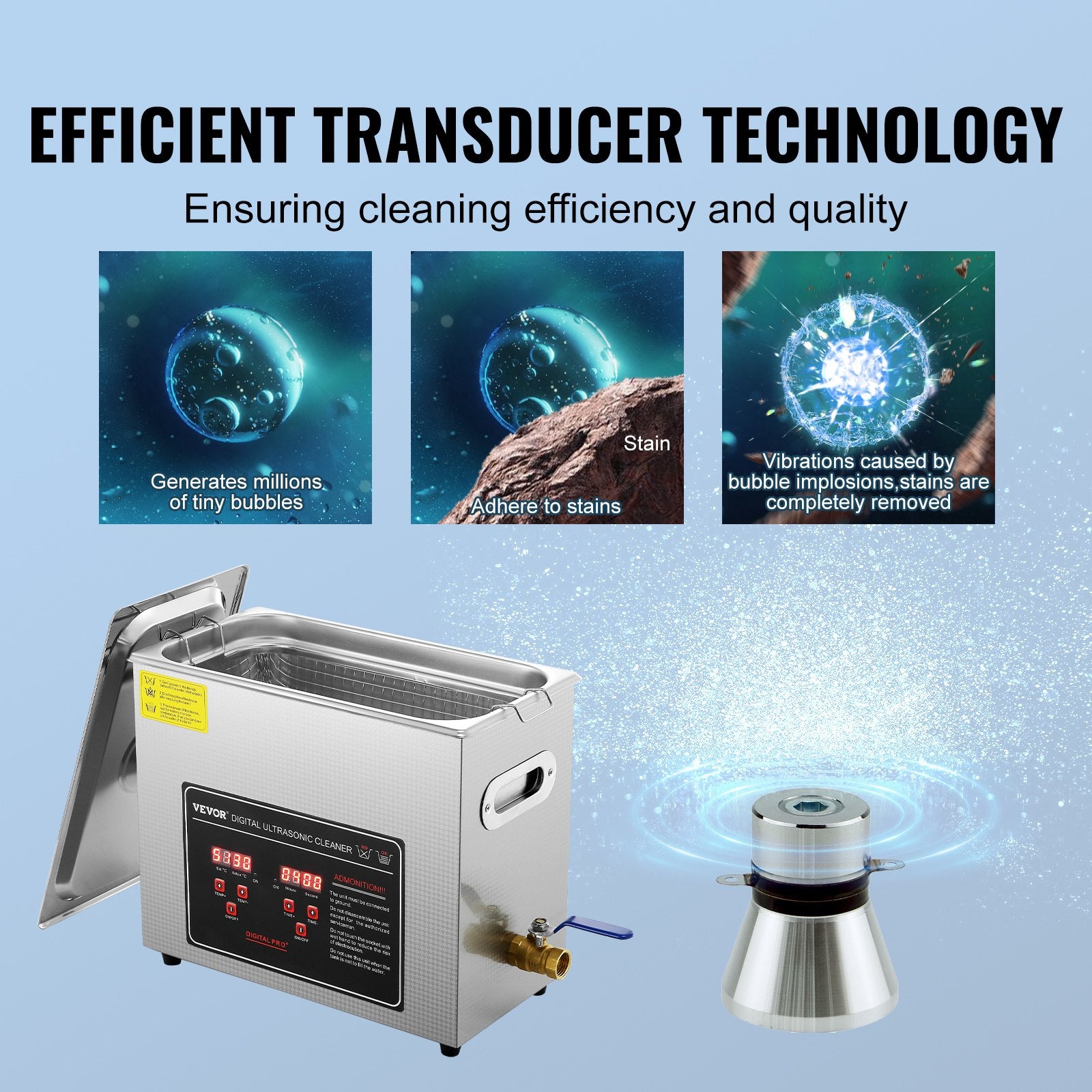 Ultrasonic Cleaner with Digital Timer & Heater, Professional Ultra Sonic Jewelry Cleaner, Stainless Steel Heated Cleaning Machine for Glasses Watch Rings Small Parts Circuit Board (6L) - Image 3
