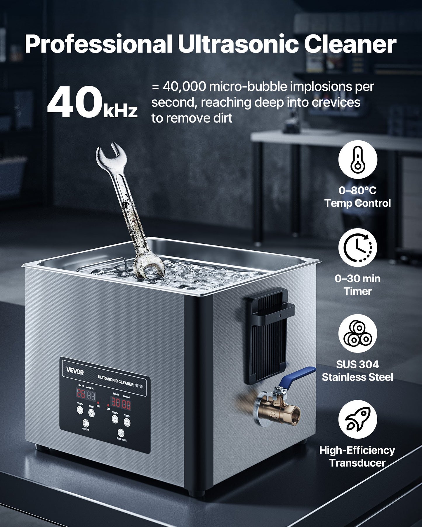 15L Ultrasonic Cleaner, Professional Ultrasonic Cleaner Machine with Cleaning Basket & Digital Display, 240W Stainless Steel 40kHz Industrial Cleaning Machine for Parts, Carburetors, Instruments - Image 2
