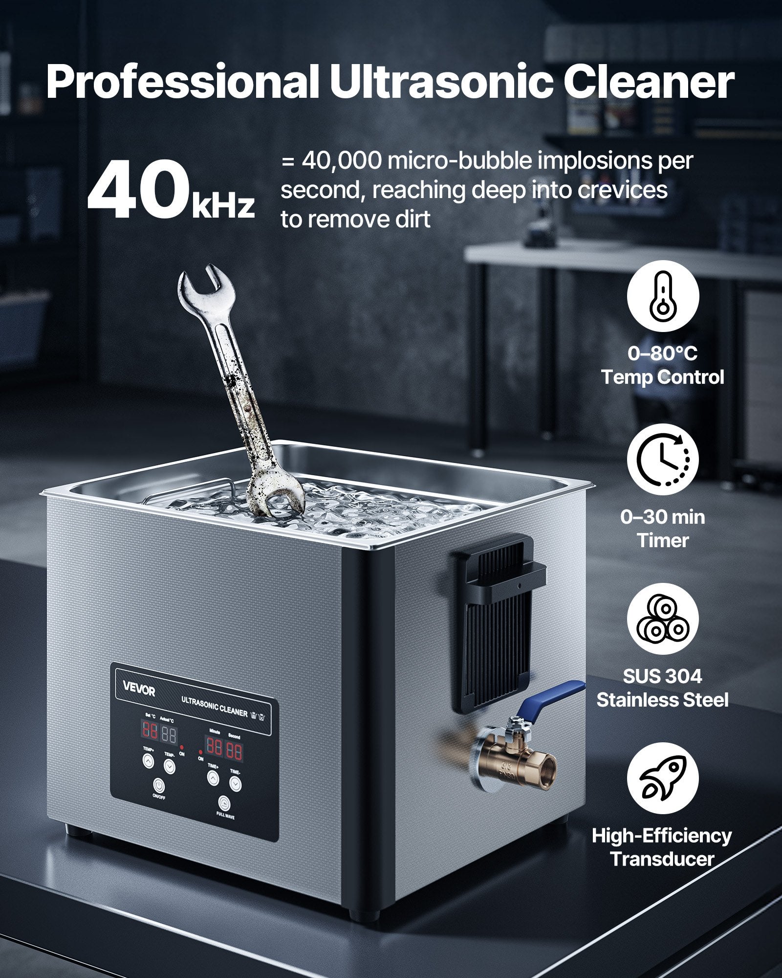 15L Ultrasonic Cleaner, Professional Ultrasonic Cleaner Machine with Cleaning Basket & Digital Display, 240W Stainless Steel 40kHz Industrial Cleaning Machine for Parts, Carburetors, Instruments - Image 2