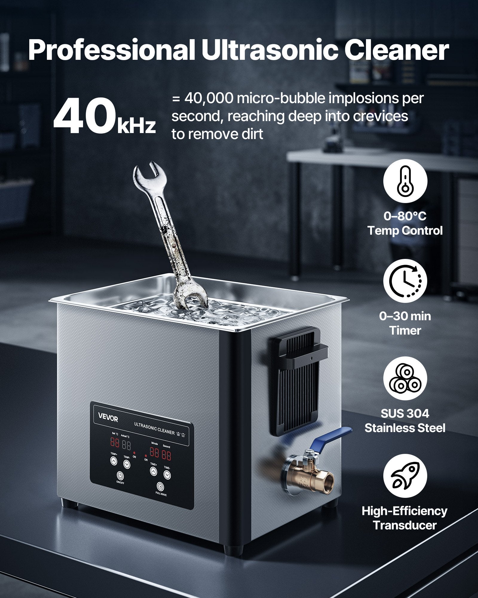 10L Ultrasonic Cleaner, Professional Ultrasonic Cleaner Machine with Cleaning Basket & Digital Display, 180W Stainless Steel 40kHz Cleaning Machine for Watches, Razors, Jewelry, Coins, and More - Image 2