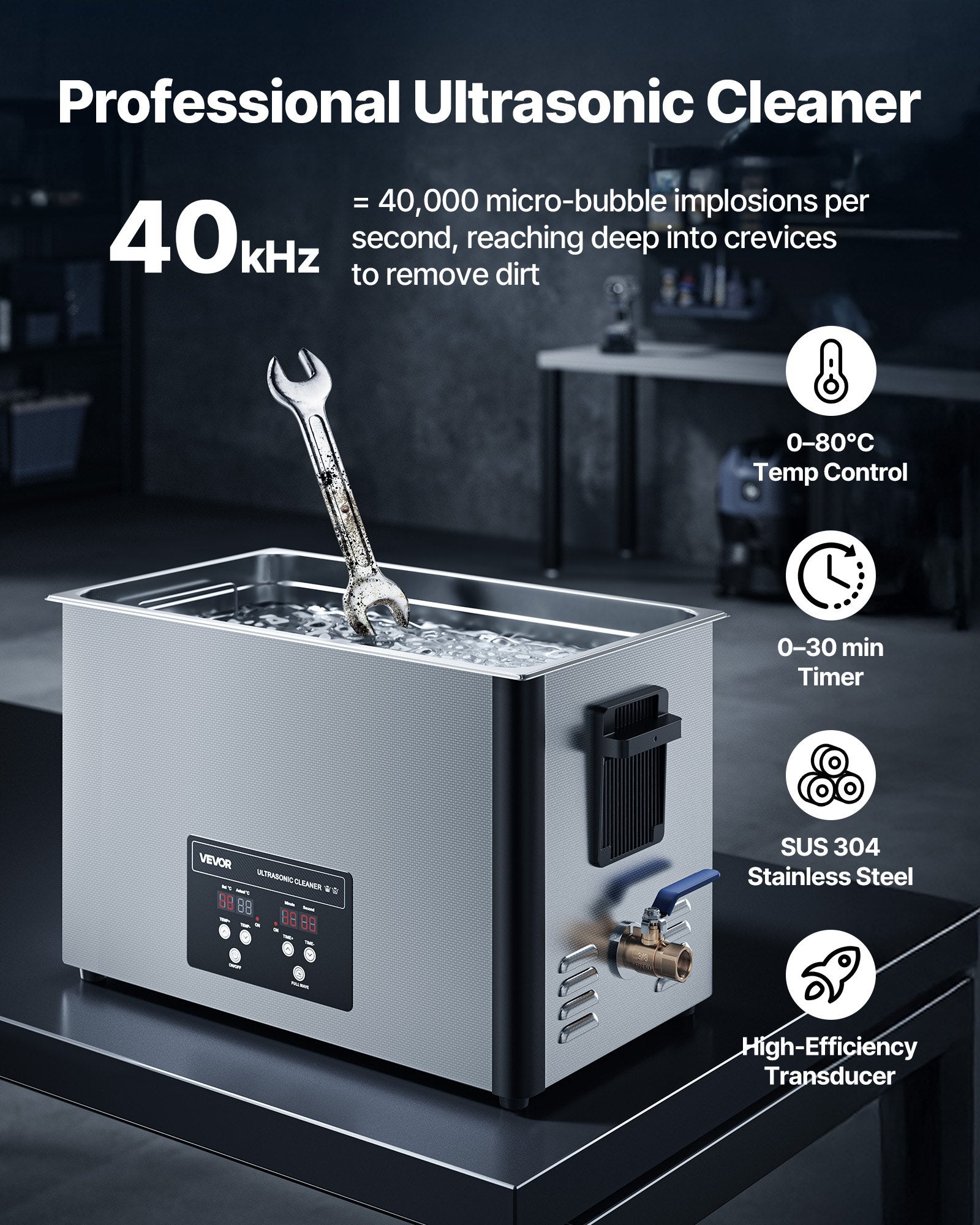 30L Ultrasonic Cleaner, Professional Ultrasonic Cleaner Machine with Cleaning Basket & Digital Display, 480W Stainless Steel 40kHz Industrial Cleaning Machine for Parts, Carburetors, Instruments - Image 2
