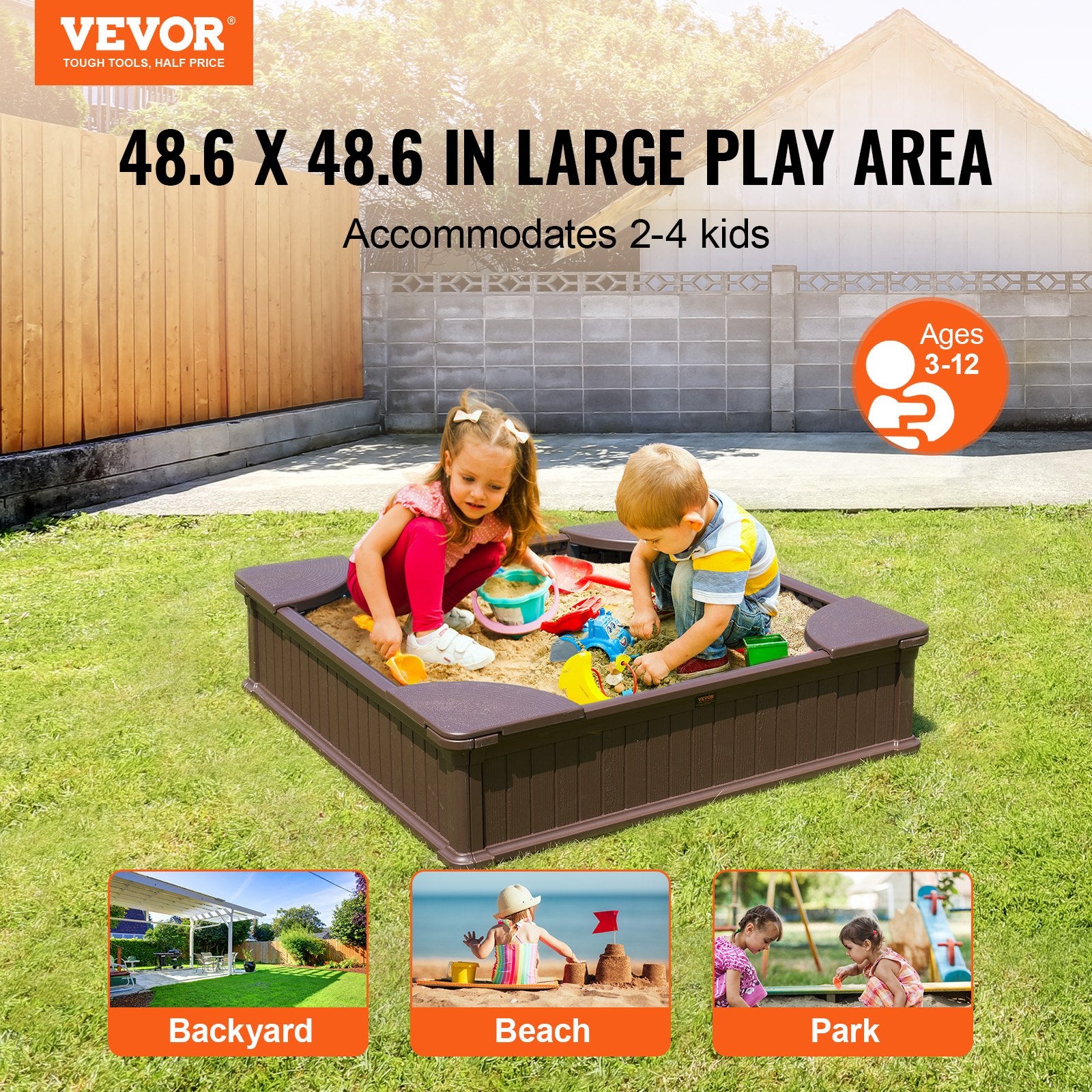 Sandbox with Cover, 48.6x48.6x12.4 in Square Sand Box, HDPE Sand Pit with 4 Corner Seating and Bottom Liner, Kids Sandbox for Outdoor Backyard, Beach, Park, Gift for Boys Girls Ages 3-12, Brown - Image 2