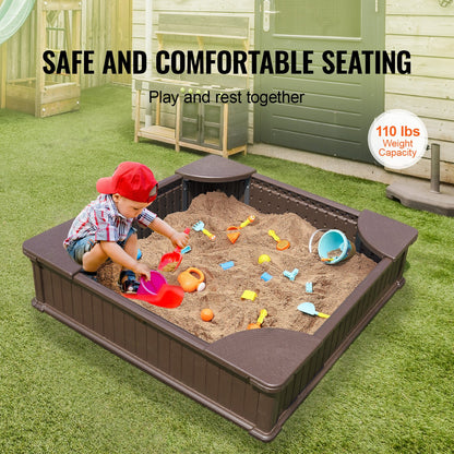 Sandbox with Cover, 48.6x48.6x12.4 in Square Sand Box, HDPE Sand Pit with 4 Corner Seating and Bottom Liner, Kids Sandbox for Outdoor Backyard, Beach, Park, Gift for Boys Girls Ages 3-12, Brown - Image 3