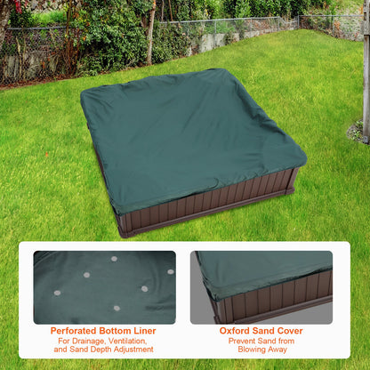 Sandbox with Cover, 48.6x48.6x12.4 in Square Sand Box, HDPE Sand Pit with 4 Corner Seating and Bottom Liner, Kids Sandbox for Outdoor Backyard, Beach, Park, Gift for Boys Girls Ages 3-12, Brown - Image 5