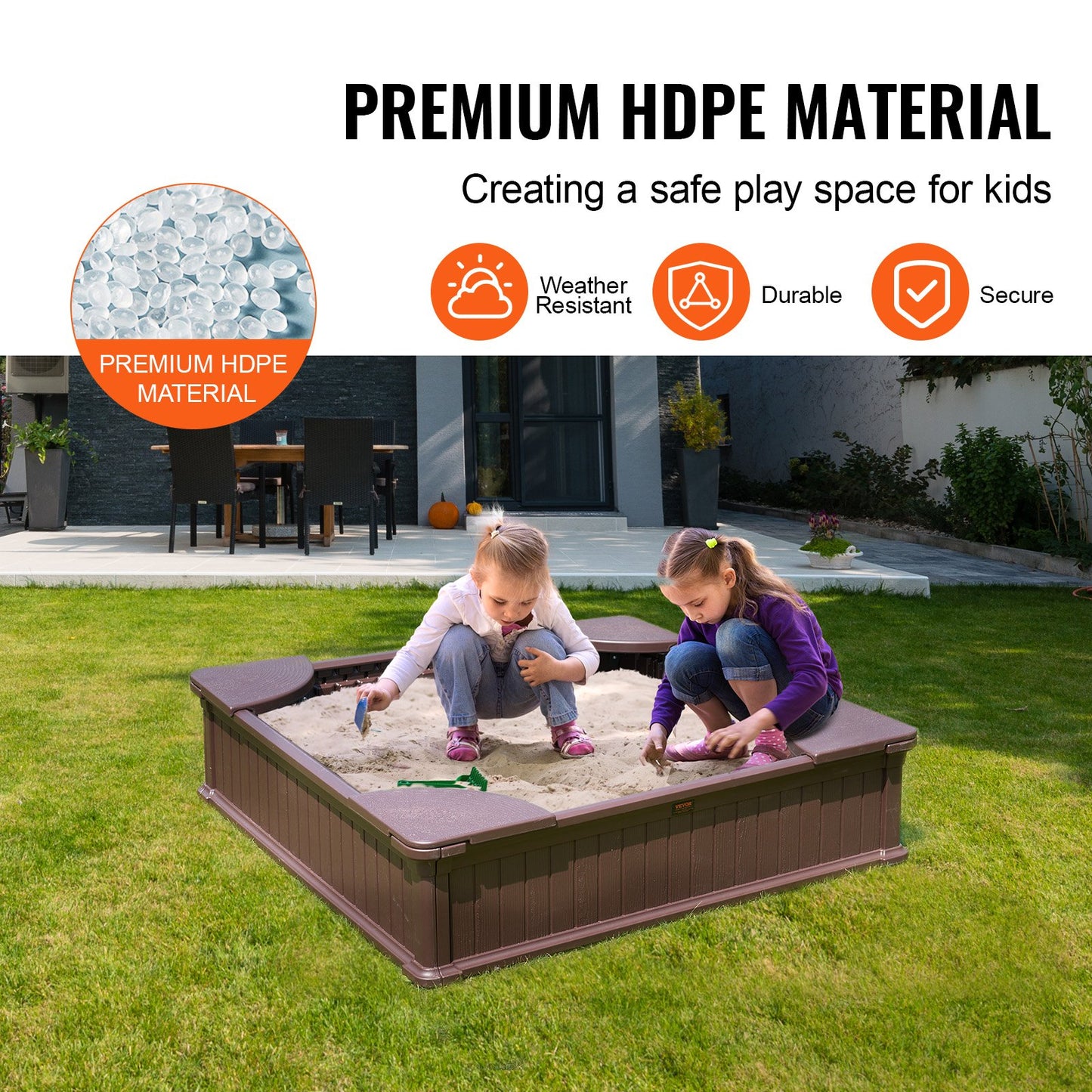 Sandbox with Cover, 48.6x48.6x12.4 in Square Sand Box, HDPE Sand Pit with 4 Corner Seating and Bottom Liner, Kids Sandbox for Outdoor Backyard, Beach, Park, Gift for Boys Girls Ages 3-12, Brown - Image 6