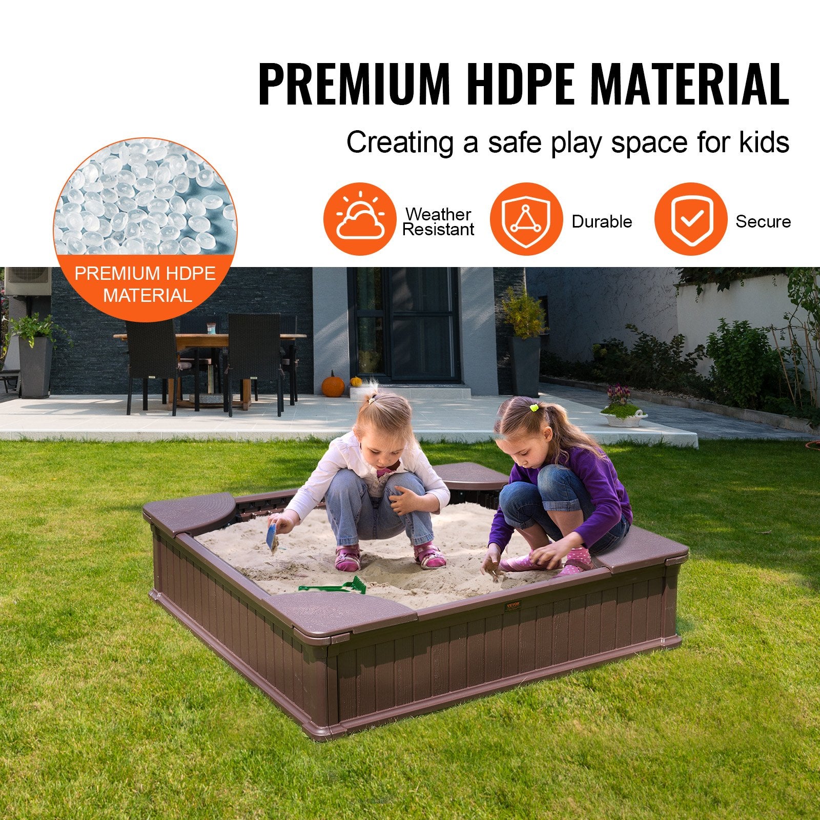 Sandbox with Cover, 48.6x48.6x12.4 in Square Sand Box, HDPE Sand Pit with 4 Corner Seating and Bottom Liner, Kids Sandbox for Outdoor Backyard, Beach, Park, Gift for Boys Girls Ages 3-12, Brown - Image 6