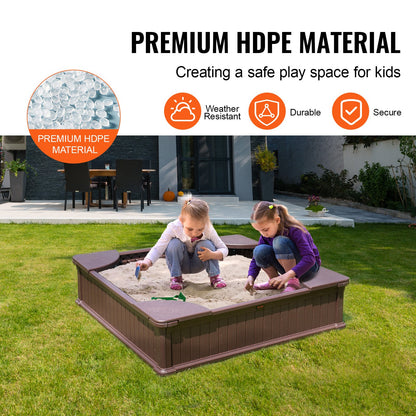 Sandbox with Cover, 48.6x48.6x12.4 in Square Sand Box, HDPE Sand Pit with 4 Corner Seating and Bottom Liner, Kids Sandbox for Outdoor Backyard, Beach, Park, Gift for Boys Girls Ages 3-12, Brown - Image 6
