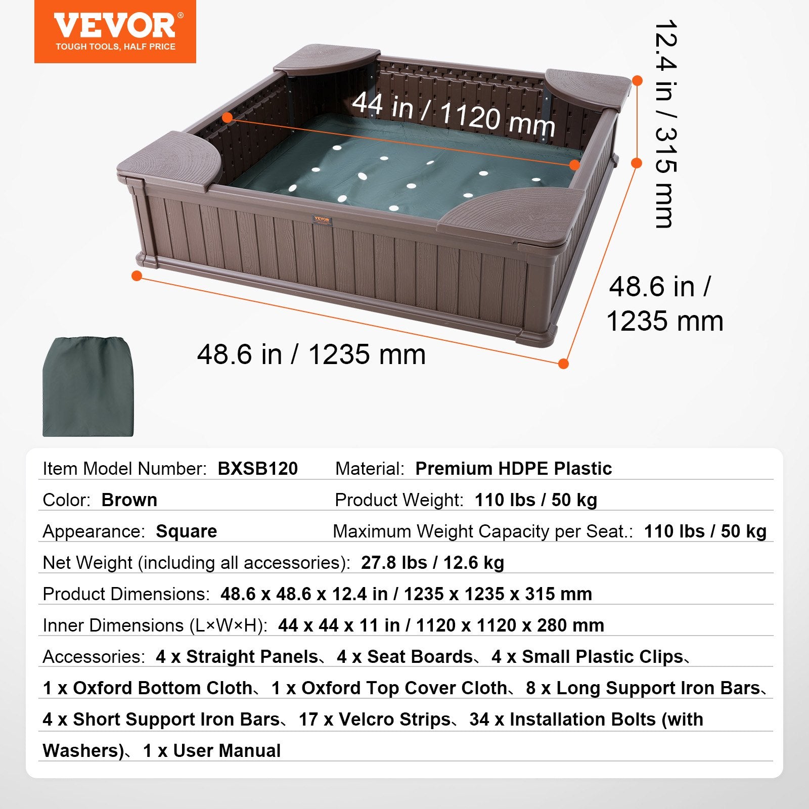 Sandbox with Cover, 48.6x48.6x12.4 in Square Sand Box, HDPE Sand Pit with 4 Corner Seating and Bottom Liner, Kids Sandbox for Outdoor Backyard, Beach, Park, Gift for Boys Girls Ages 3-12, Brown - Image 7
