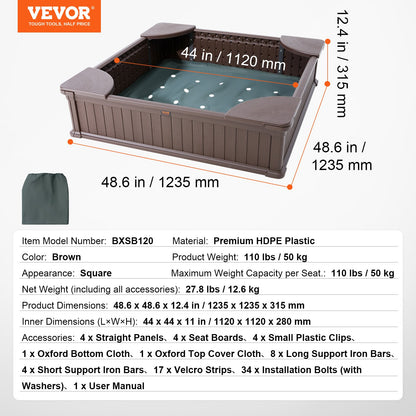 Sandbox with Cover, 48.6x48.6x12.4 in Square Sand Box, HDPE Sand Pit with 4 Corner Seating and Bottom Liner, Kids Sandbox for Outdoor Backyard, Beach, Park, Gift for Boys Girls Ages 3-12, Brown - Image 7