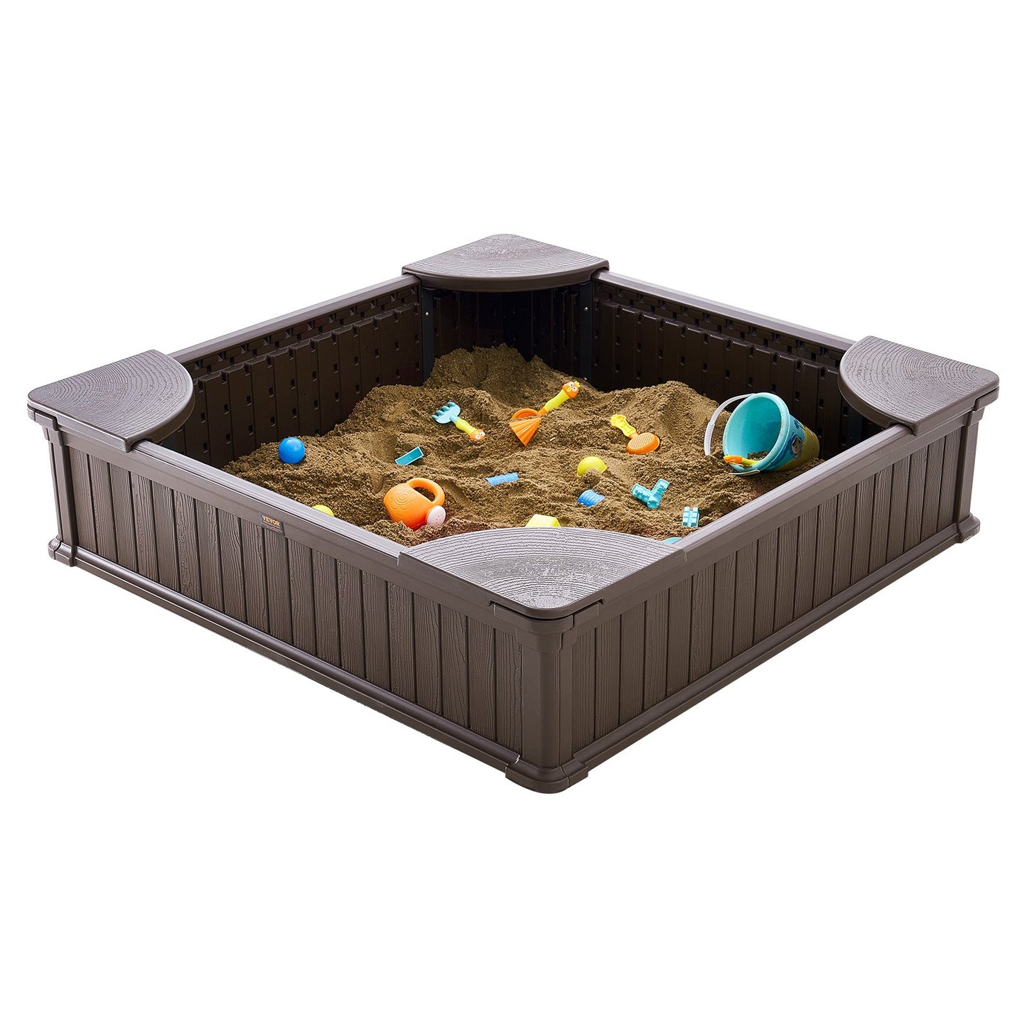 Sandbox with Cover, 48.6x48.6x12.4 in Square Sand Box, HDPE Sand Pit with 4 Corner Seating and Bottom Liner, Kids Sandbox for Outdoor Backyard, Beach, Park, Gift for Boys Girls Ages 3-12, Brown - Image 9