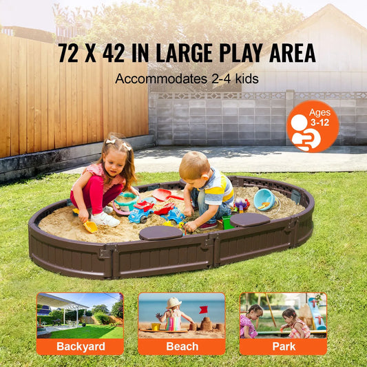 Sandbox with Cover, 72 x 41.5 x 9.1 in Oval Sand Box, HDPE Sand Pit with 4 Corner Seating and Bottom Liner, Kids Sandbox for Outdoor Backyard, Beach, Park, Gift for Boys Girls Ages 3-12, Brown - Image 2