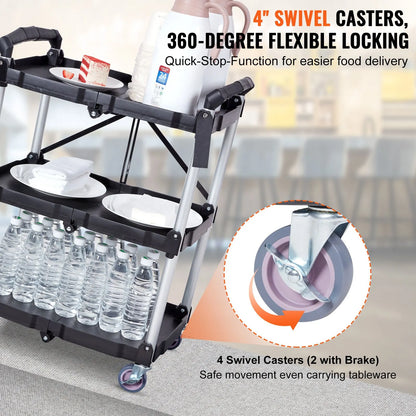 Foldable Utility Service Cart, 3 Shelf 165LBS Heavy Duty Plastic Rolling Cart with Lockable Wheels, Ergonomic Handle, Portable Garage Tool Cart for Warehouse/Office/Home(25.62"x15.43"x32.76") - Image 3