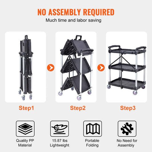 Foldable Utility Service Cart, 3 Shelf 165LBS Heavy Duty Plastic Rolling Cart with Lockable Wheels, Ergonomic Handle, Portable Garage Tool Cart for Warehouse/Office/Home(25.62"x15.43"x32.76") - Image 6