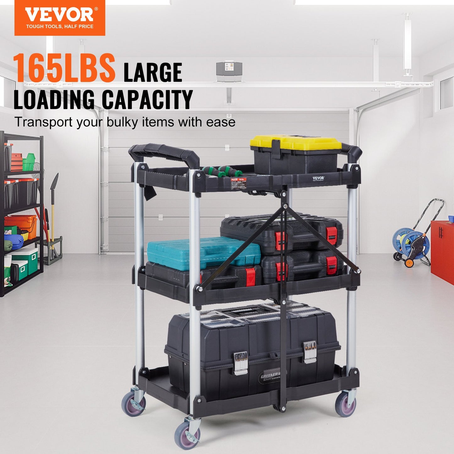 Foldable Utility Service Cart, 3 Shelf 165LBS Heavy Duty Plastic Rolling Cart with Lockable Wheels, Ergonomic Handle, Portable Garage Tool Cart for Warehouse/Office/Home(25.62"x15.43"x32.76") - Image 2