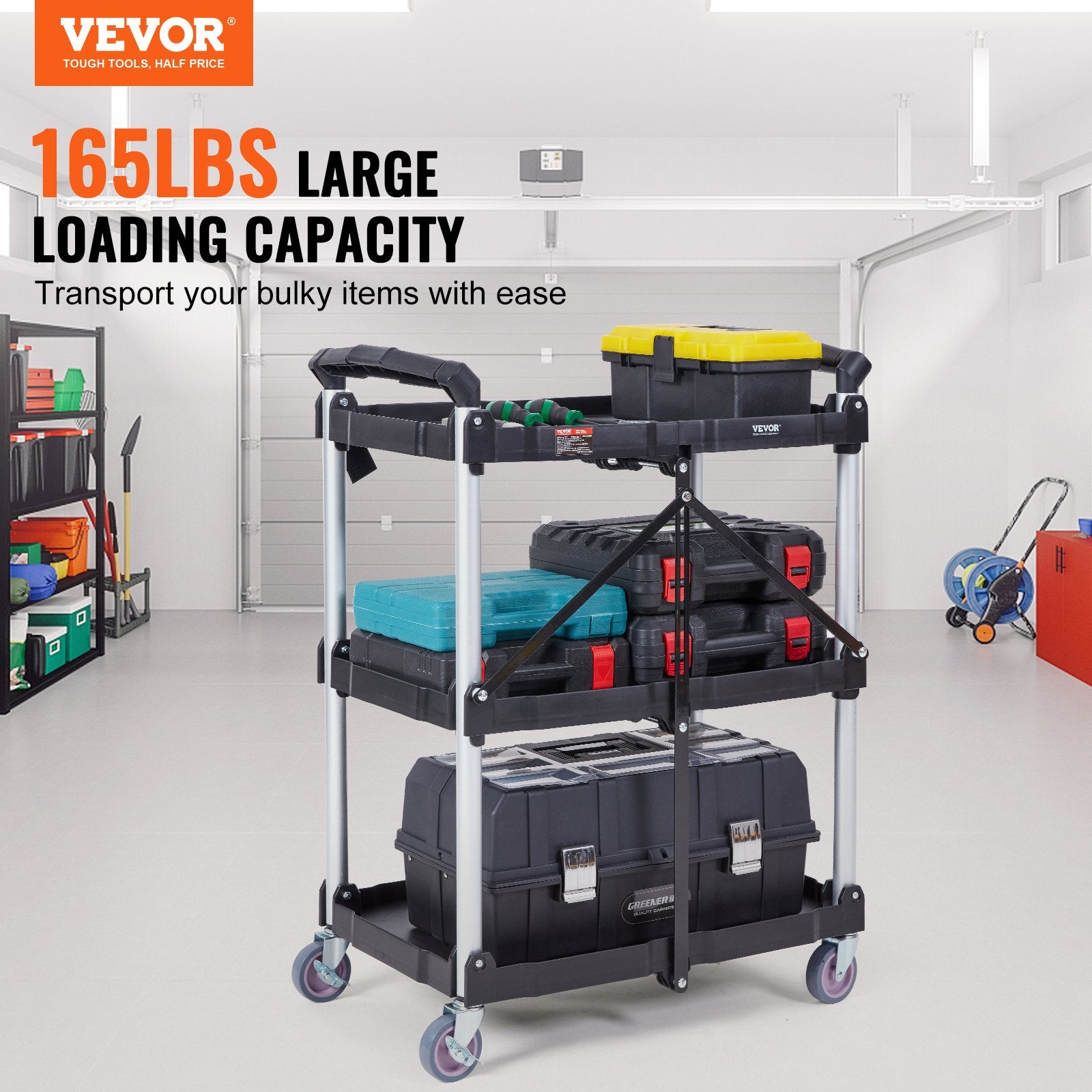 Foldable Utility Service Cart, 3 Shelf 165LBS Heavy Duty Plastic Rolling Cart with Lockable Wheels, Ergonomic Handle, Portable Garage Tool Cart for Warehouse/Office/Home(25.62"x15.43"x32.76") - Image 2