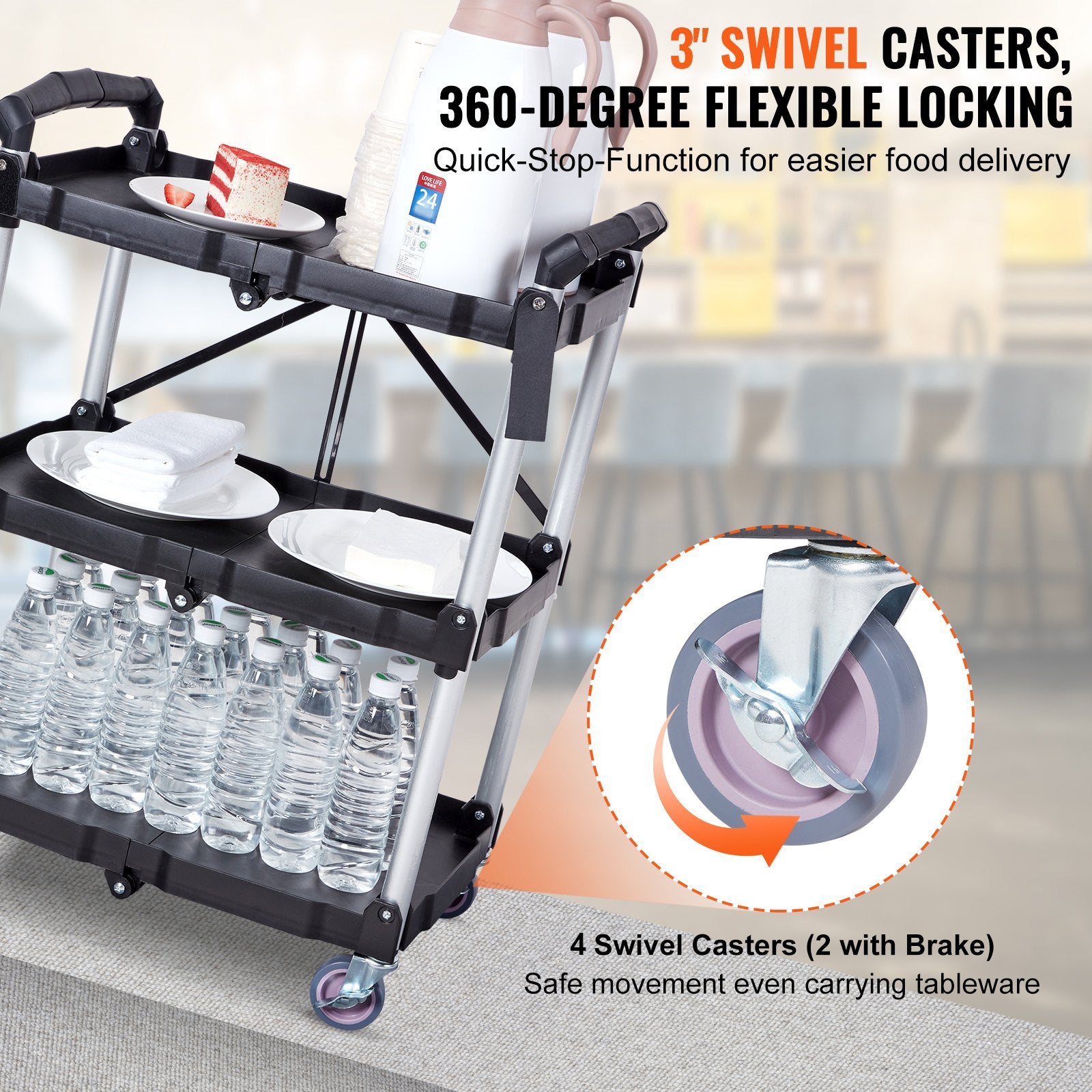 Foldable Utility Service Cart, 3 Shelf 165LBS Heavy Duty Plastic Rolling Cart with Lockable Wheels, Ergonomic Handle, Portable Garage Tool Cart for Warehouse/Office/Home(25.62"x15.43"x32.76") - Image 3
