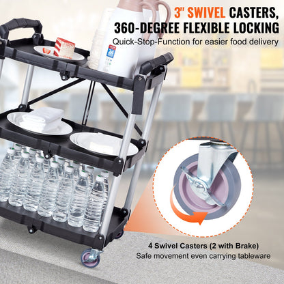 Foldable Utility Service Cart, 3 Shelf 165LBS Heavy Duty Plastic Rolling Cart with Lockable Wheels, Ergonomic Handle, Portable Garage Tool Cart for Warehouse/Office/Home(25.62"x15.43"x32.76") - Image 3