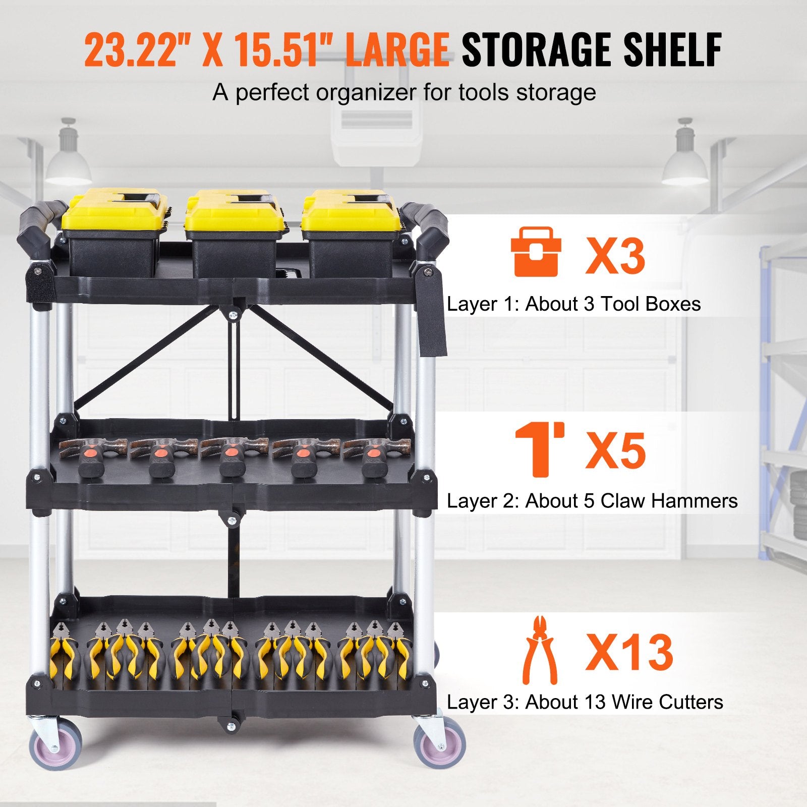 Foldable Utility Service Cart, 3 Shelf 165LBS Heavy Duty Plastic Rolling Cart with Lockable Wheels, Ergonomic Handle, Portable Garage Tool Cart for Warehouse/Office/Home(25.62"x15.43"x32.76") - Image 4